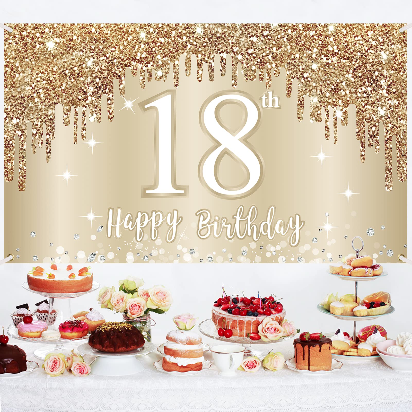 Happy 18Th Birthday Banner Backdrop Decorations For Girls, Gold White Sweet 18 Birthday Sign Party Supplies, Eighteen Year Old B