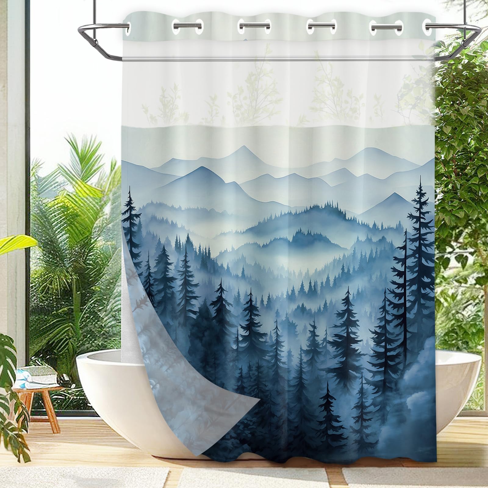 Qghot Forest Hookless Shower Curtain With Snap In Liner, Nature Mountain No Hook Double Layer Shower Curtain And Liner Set, Ring