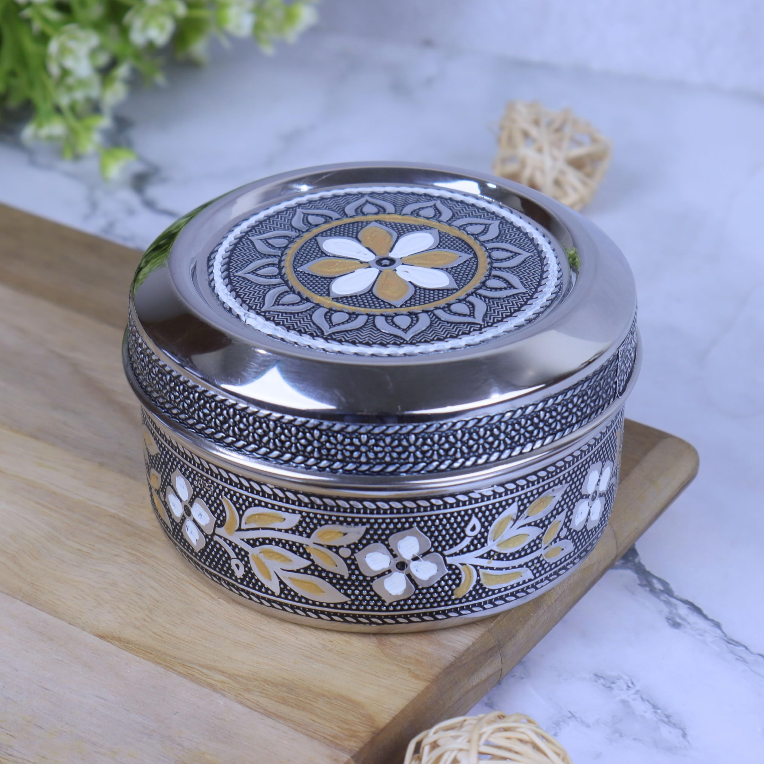 Navrang Stainless Steel Storage Container With Lid | Meenakari Silver Oxidized Decorative Kitchen Dabba | Multipurpose Dry Fruit