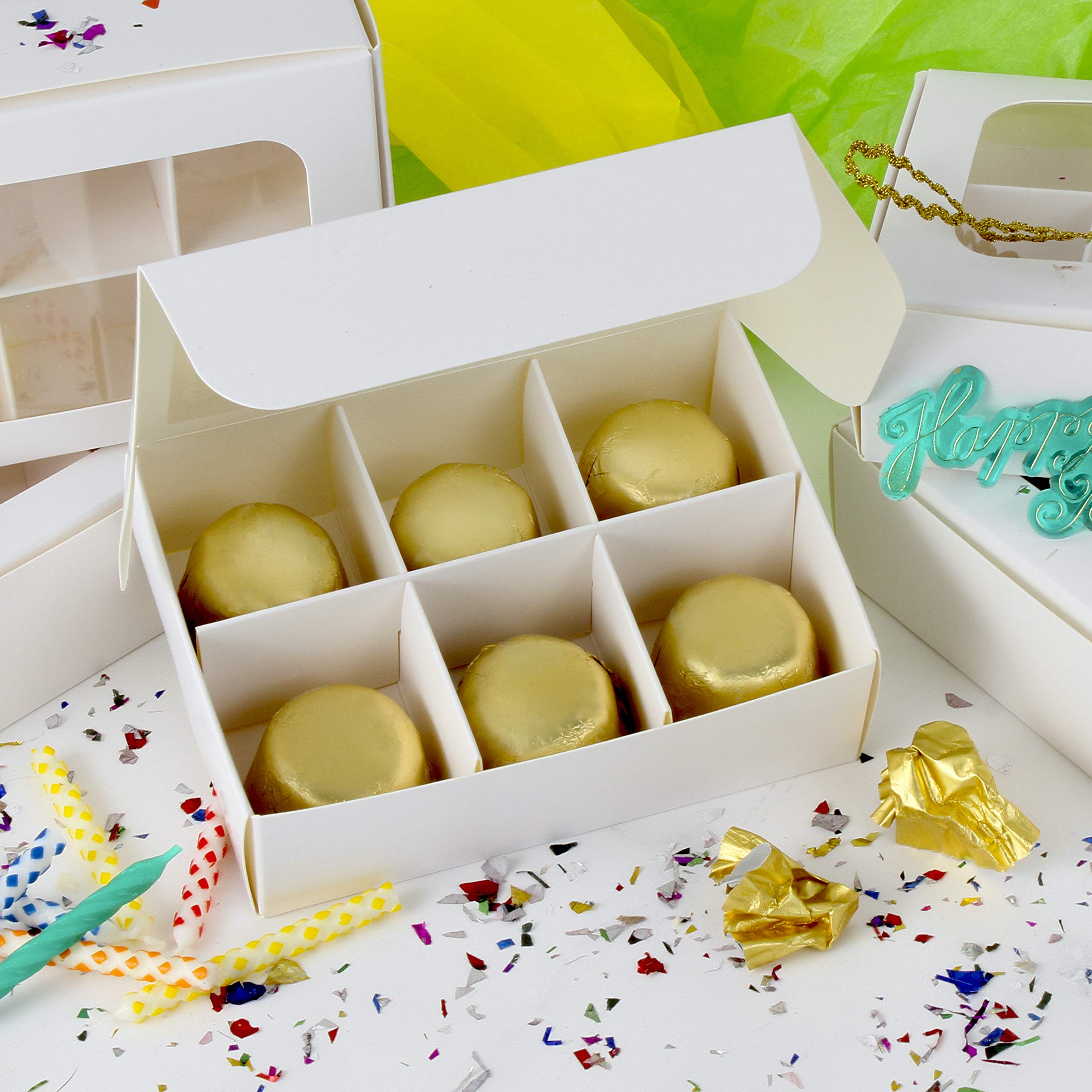 Gretel Mini Candy Boxes with Window and Dividers - Little Party Favors Box for Homemade Chocolates  Candy  and Truffles - Size Small - 5 x 3.5 x 1.57 inches - Pack of 20 - White