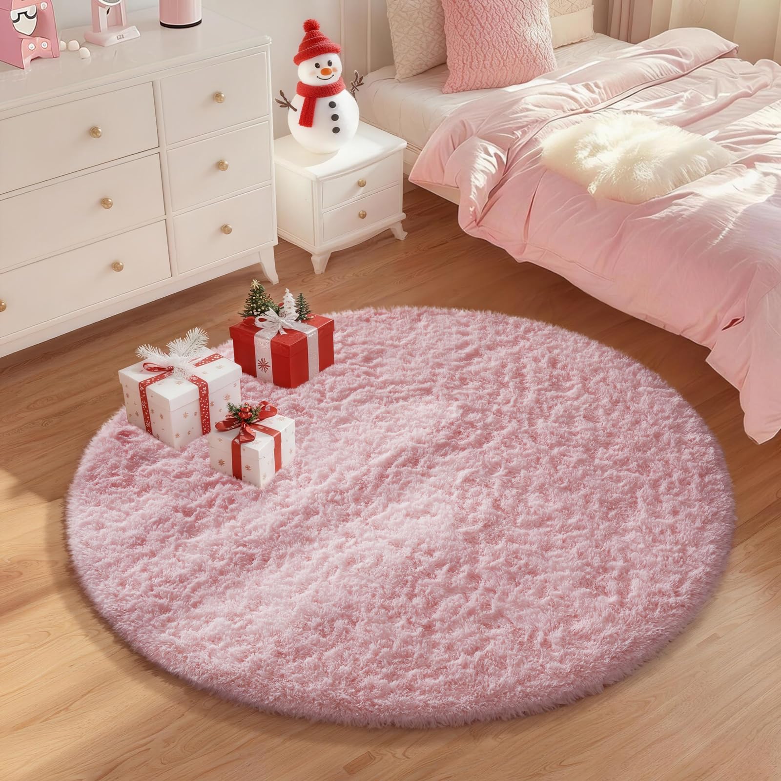 Ophanie Pink Round Rug for Bedroom Girls, Kids Fluffy Kawaii Fuzzy Shag Circle Circular Area Rugs, Cute Plush Christmas Small Ca