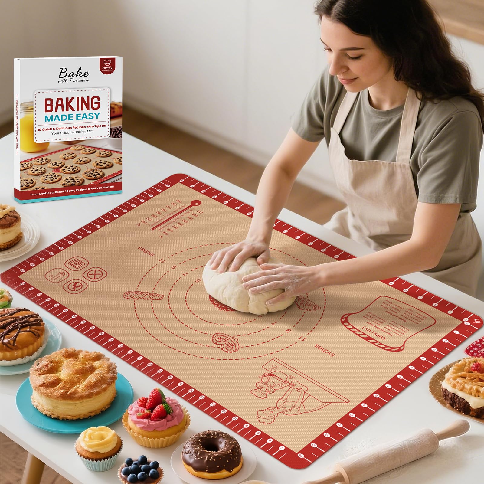Silicone Baking Mat with Recipes, Extra Thick Silicone Mats for Baking, Non Stick Pastry Mat for Rolling Dough, Silicone Macaron
