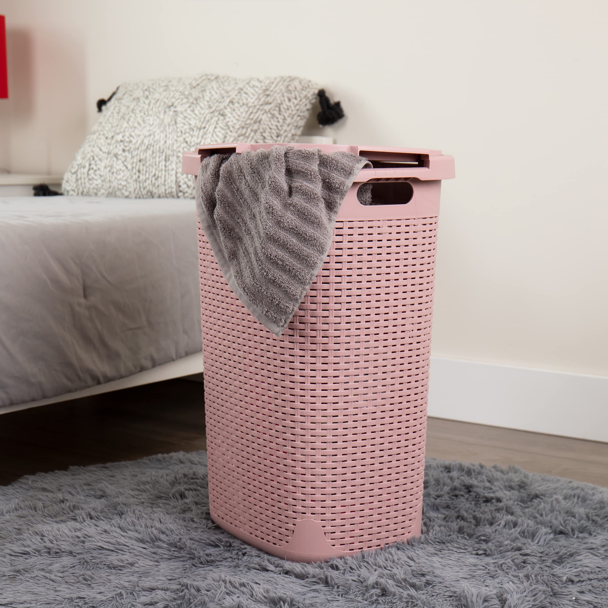 Mind Reader 60L Slim Laundry Hamper, Clothes Basket, Lid, Wicker Style, Plastic, 17.65''L X 13.75''W X 24.15''H, Set Of 2, Pink