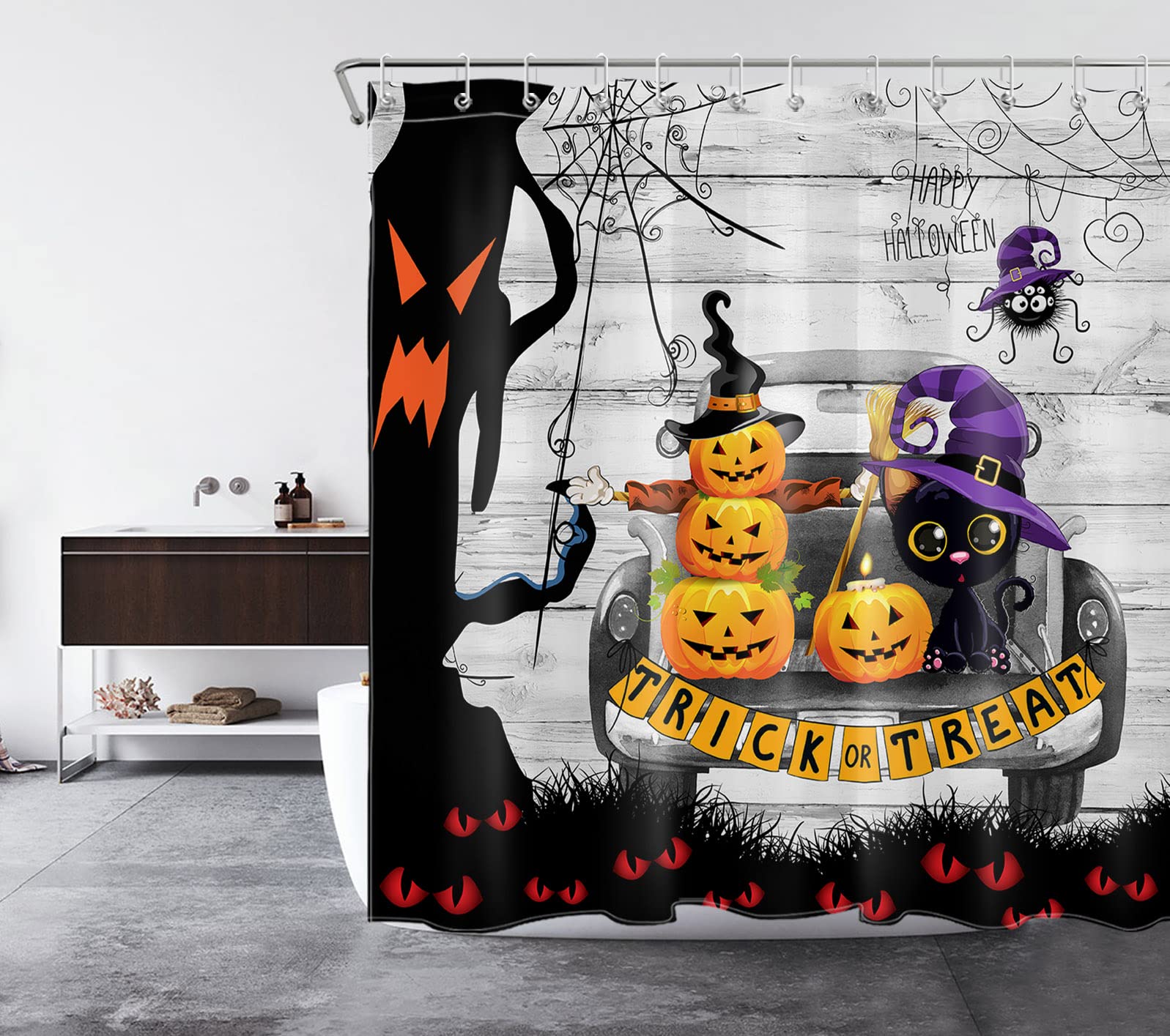 Eobtain Halloween Shower Curtain Set Horror Pumpkin Lanterns Spider Web Scary Ghost Tree Shower Curtain Farmhouse Vintage Truck