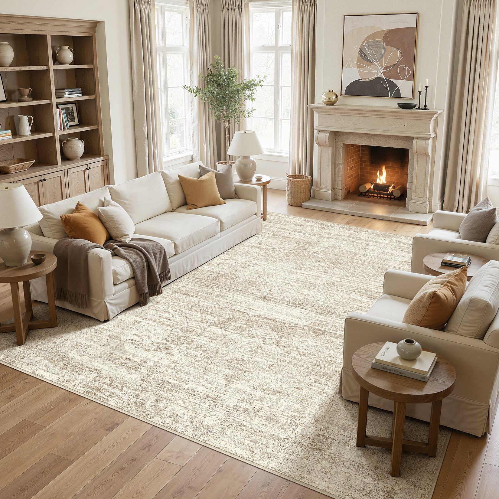 UERMEI Square Area Rugs : Washable 10x10 Neutral Modern Abstract Carpet for Living Room Bedroom - Soft Floor Mat with Non Slip B