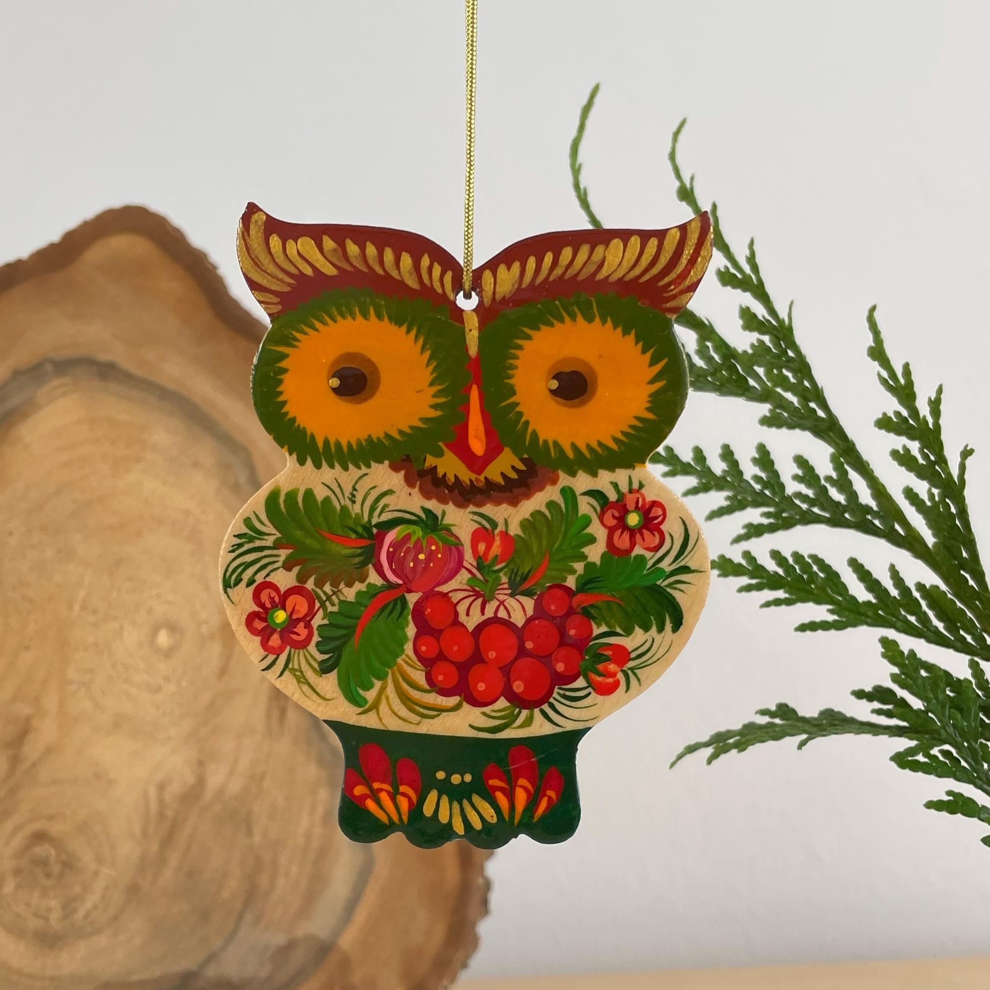 Christmas Ornament Owl Wooden Ukrainian Country Hand-painted 2,6 ? 3,7 ? 0,2 Inch Owl Boho Decoration for Hanging and Collectibl