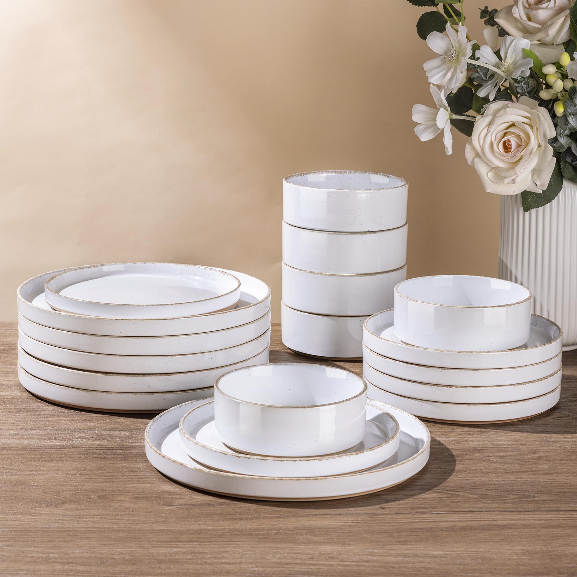 AmorArc Ceramic Dinnerware Sets for 6, 18 Pieces Handpainted Plates and Bowls Set with Rustic Terracotta Underside, Scratch Resi