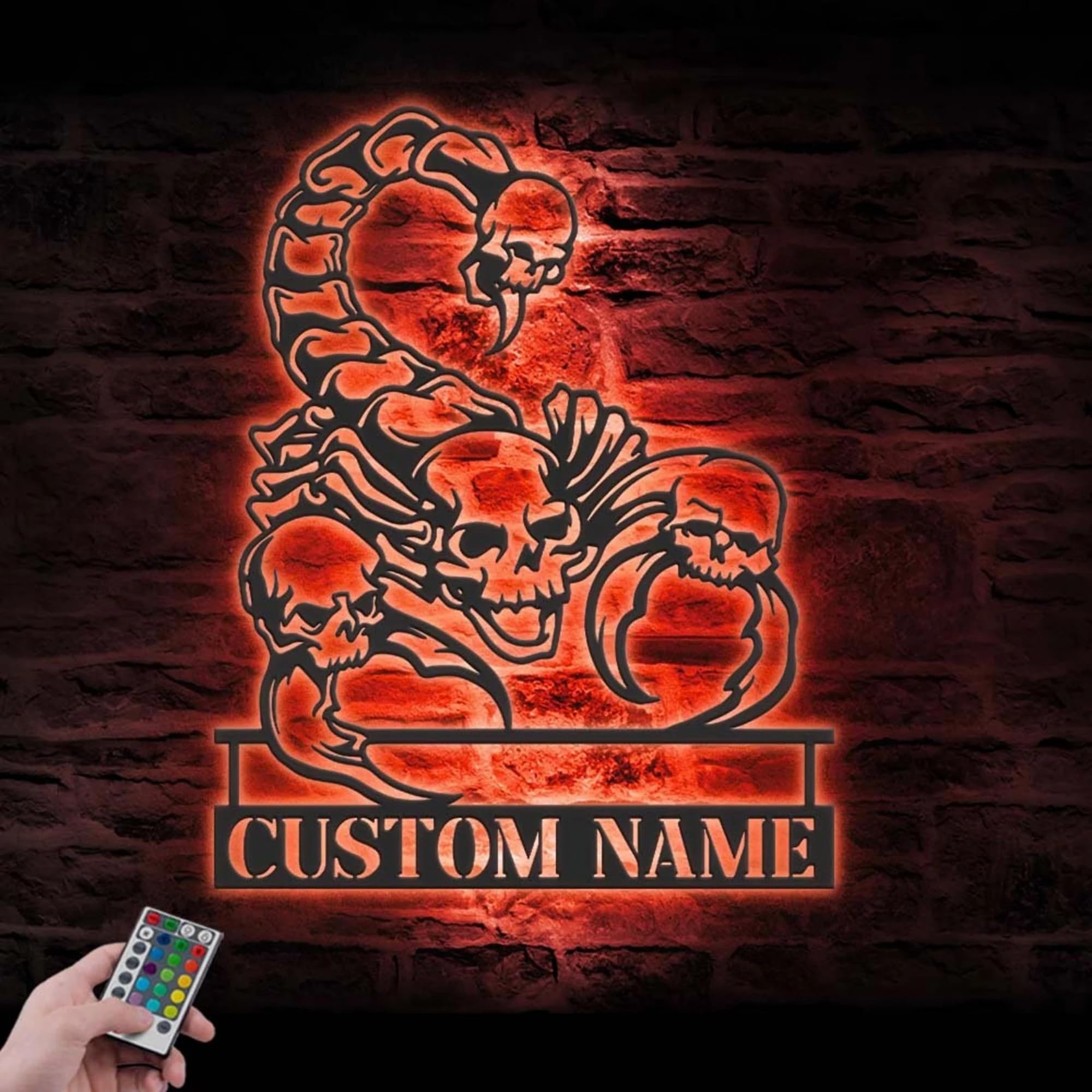 Amerlijia Custom Skull Scorpion Metal Wall Art Led Light Personalized Skeleton Scorpion Lover Name Sign Home Decor Halloween Nur