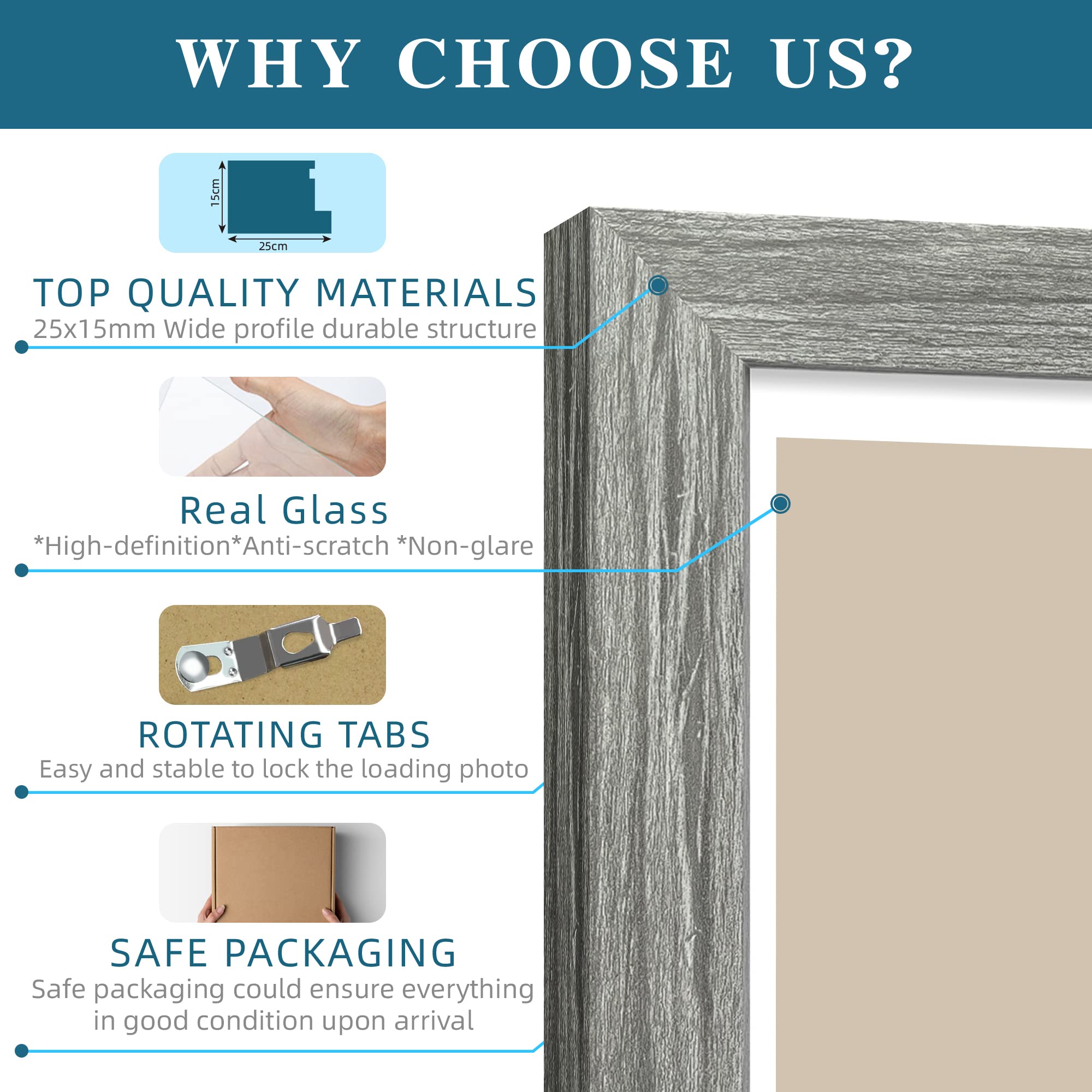 Hongkee 6x9 Picture Frame Set of 4, Made of Real Glass and Grey Wooden Frame - 6 by 9 Photo for Wall or Tabletop Display