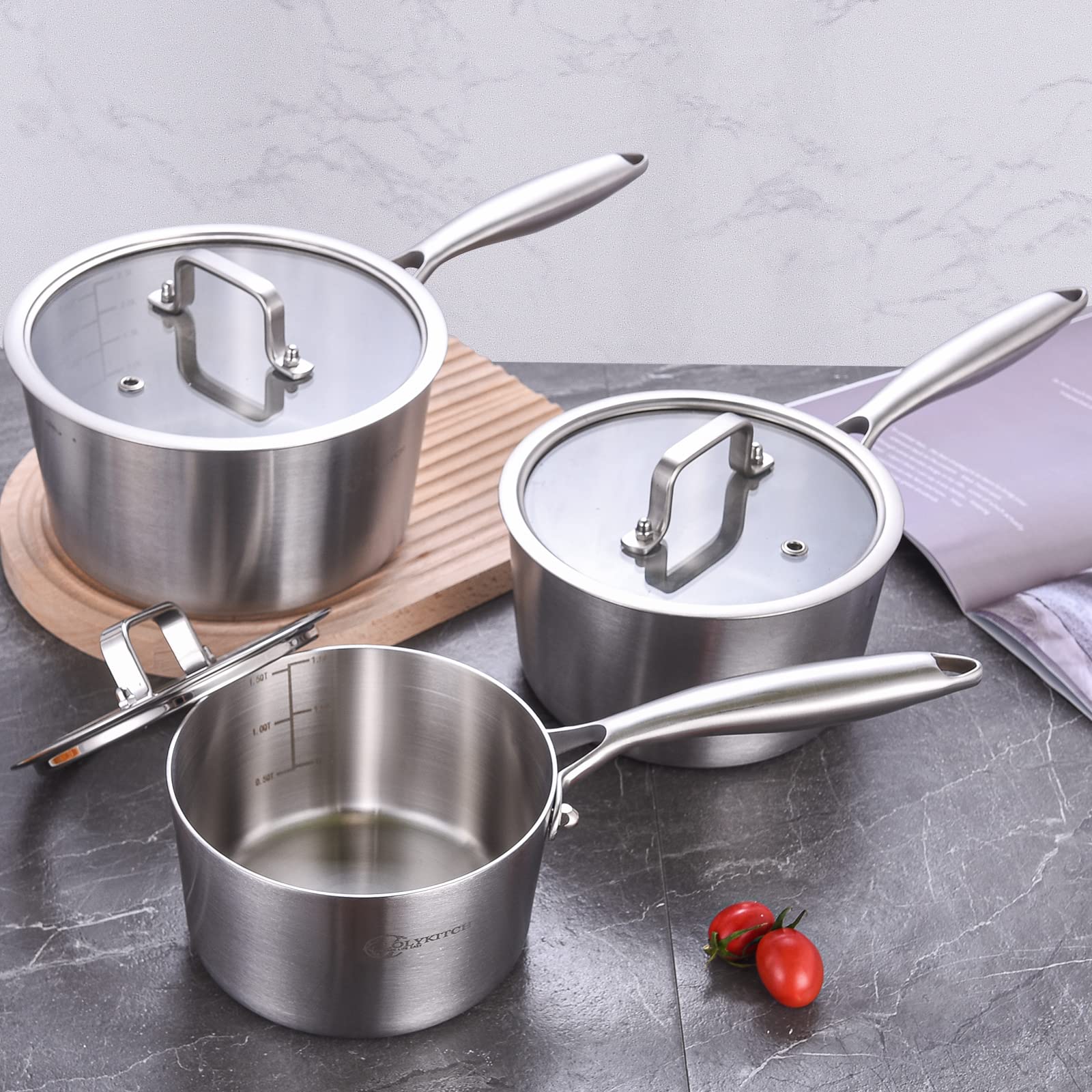 Lolykitch 1.5-2.5-3.0 Qt, Tri-Ply Stainless Steel Saucepan Set Of 3,Induction Cooking Pots,Sauce Pots With Lids,Pots And Pans Se