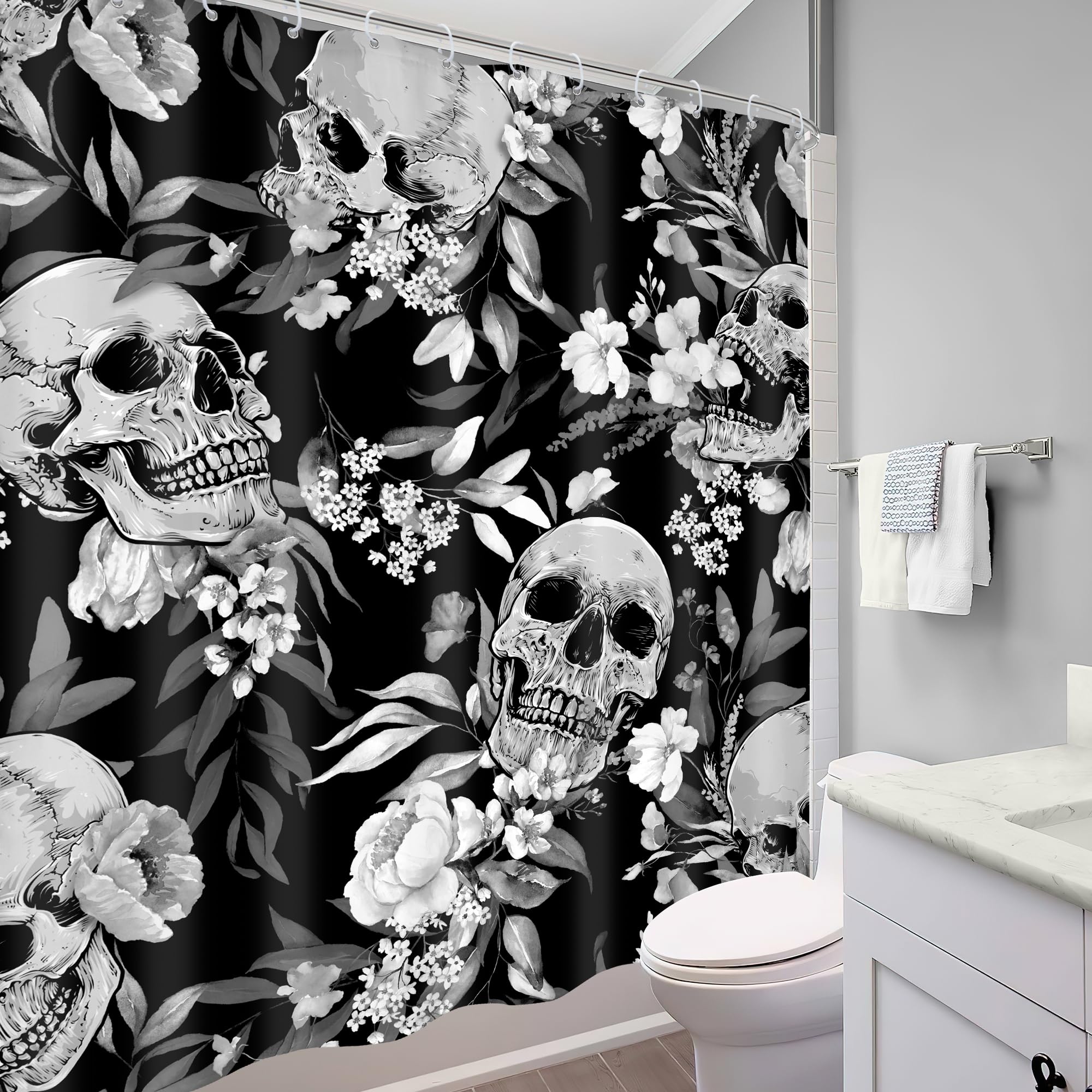 Mitpok Gothic Sugar Skull Shower Curtain 60Wx72H Black White Skeleton Goth Retro Spooky Flower Floral Halloween Plant Leaves Bot