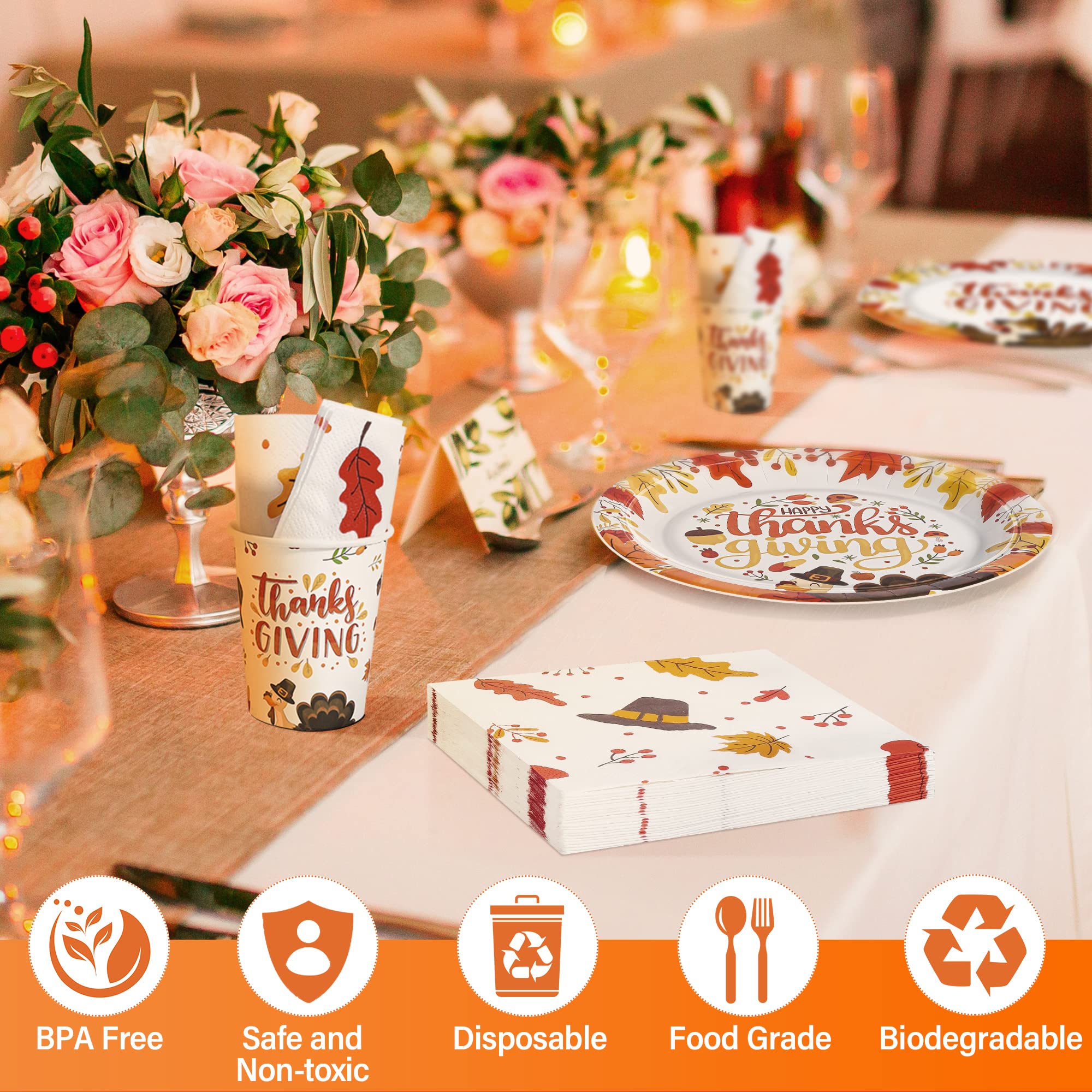 QZYL 120 PCS Thanksgiving Paper Plates, Disposable Thanksgiving Plates and Cups Set, Heavy Duty Harvest Table Decorations, Fall