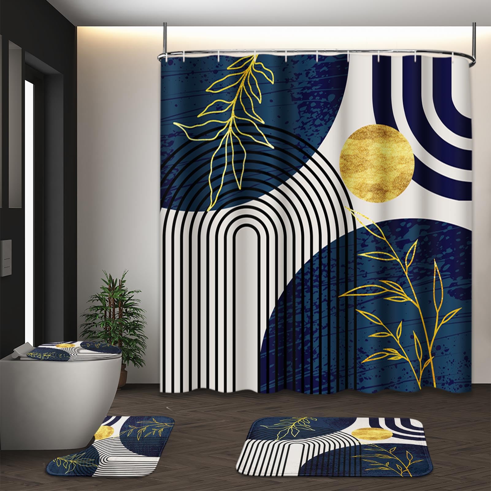 Tayney Dark Blue And Gold Boho Mid Century Shower Curtain Set With Toilet Lid Cover And Non-Slip Rugs, Abstract Geometric 4 Pcs 
