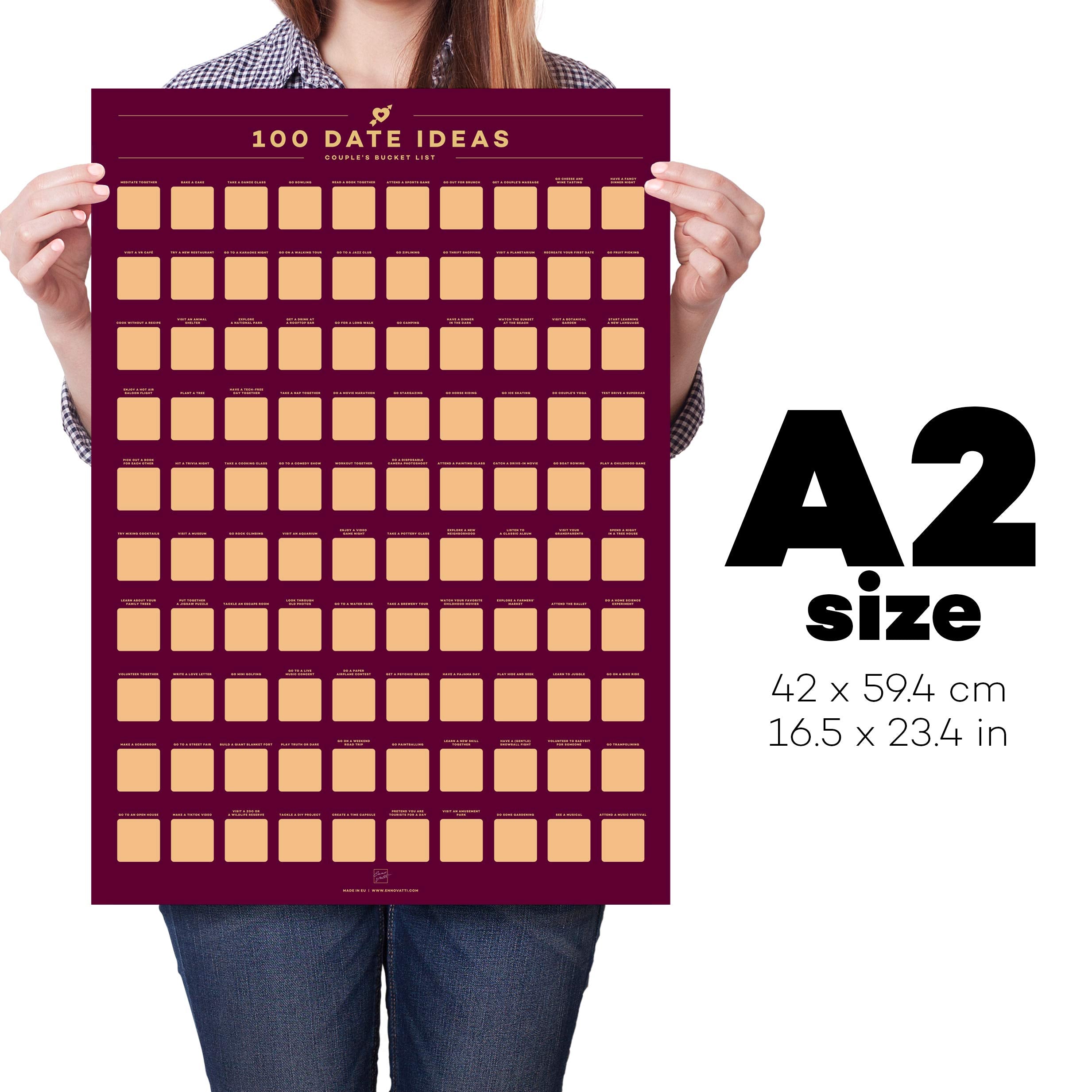 Enno Vatti 100 Dates Scratch Off Poster - Perfect Couple Gift with Fun Date Ideas - 6.5'' x 23.4'' - Lovely Engagement or Valentines Day Gift for Him or Her - Scratch and Discover New Possibilities