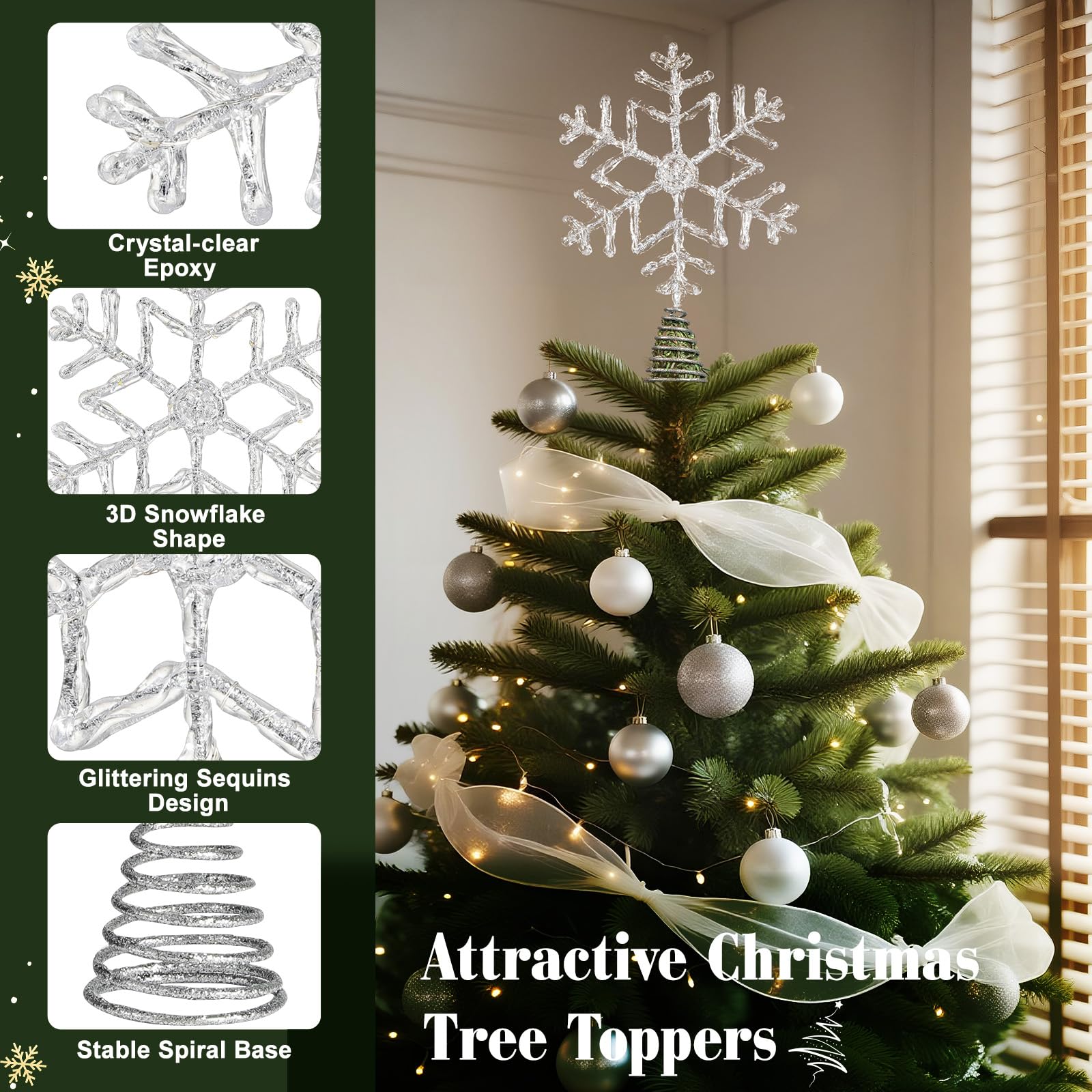 Lewondr Christmas Snowflake Tree Topper, 12.2 Glittered Epoxy Xmas Tree Topper with 20 LED Bulbs, 6 Hrs Timer and 8 Modes USB