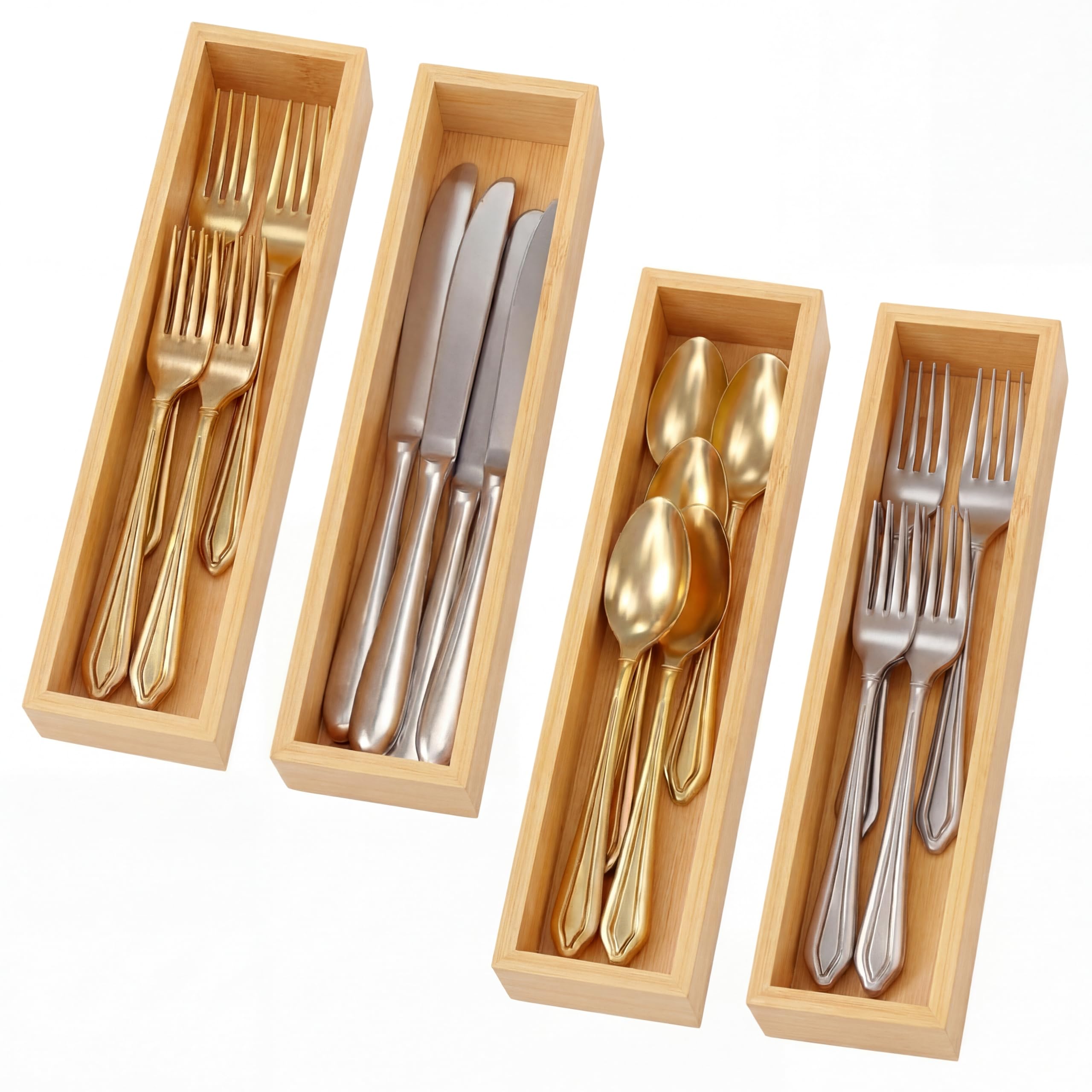 Ferrochef 4 Pcs Bamboo Drawer Organizer Stackable Utensil Organizer for Kitchen Bamboo Storage Box Wood Silverware Tray for Draw