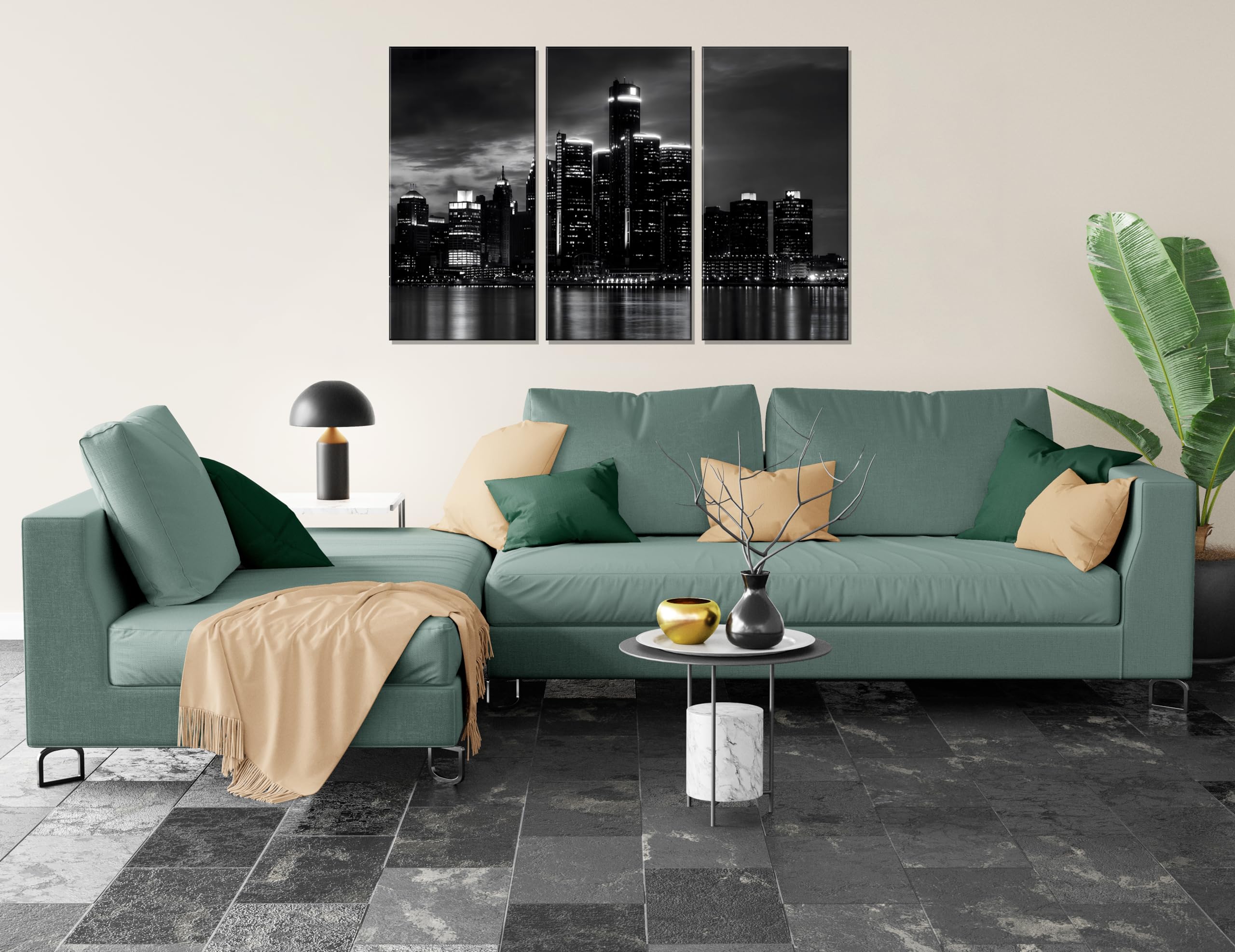 Nan Wind 3 Pcs Detroit Skyline Canvas Wall Art Cityscape Night Scene Black And White City Art Print On Canvas Modern Giclee Fram
