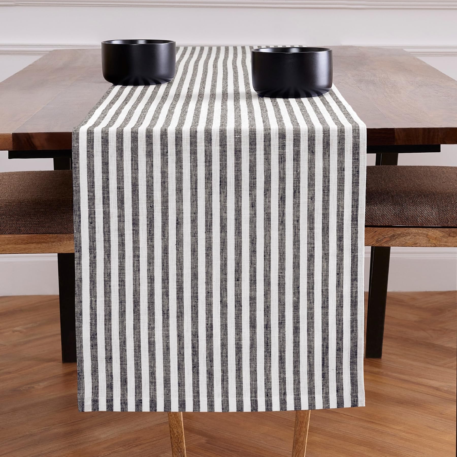 Solino Home Stripe Linen Table Runner 120 Inches Long - 100% Pure Linen Black And White Dining Table Runner 16 X 120 Inch Ideal