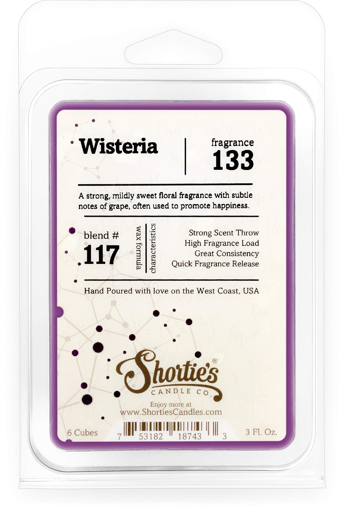 Shortie's Candle Company Pure Wisteria Wax Melts - Formula 117-1 Highly Scented 3 Oz. Bar - Made with Essential & Natural Oils -