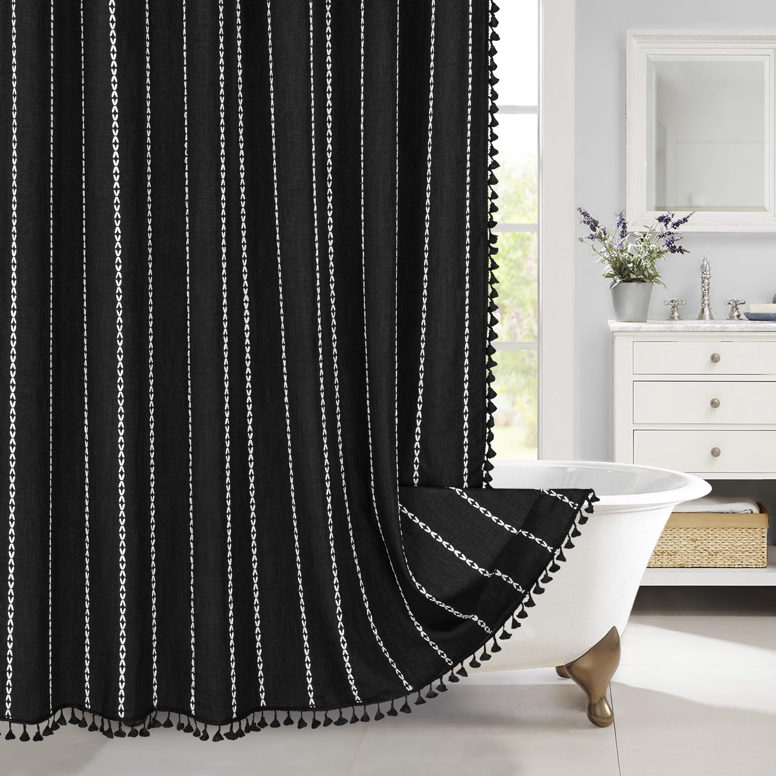 Mitovilla Boho Extra Long Shower Curtain 72 X 84, Black 84 Inch Xl Cotton Linen Tassel Fabric Shower Curtain Set With Hooks For
