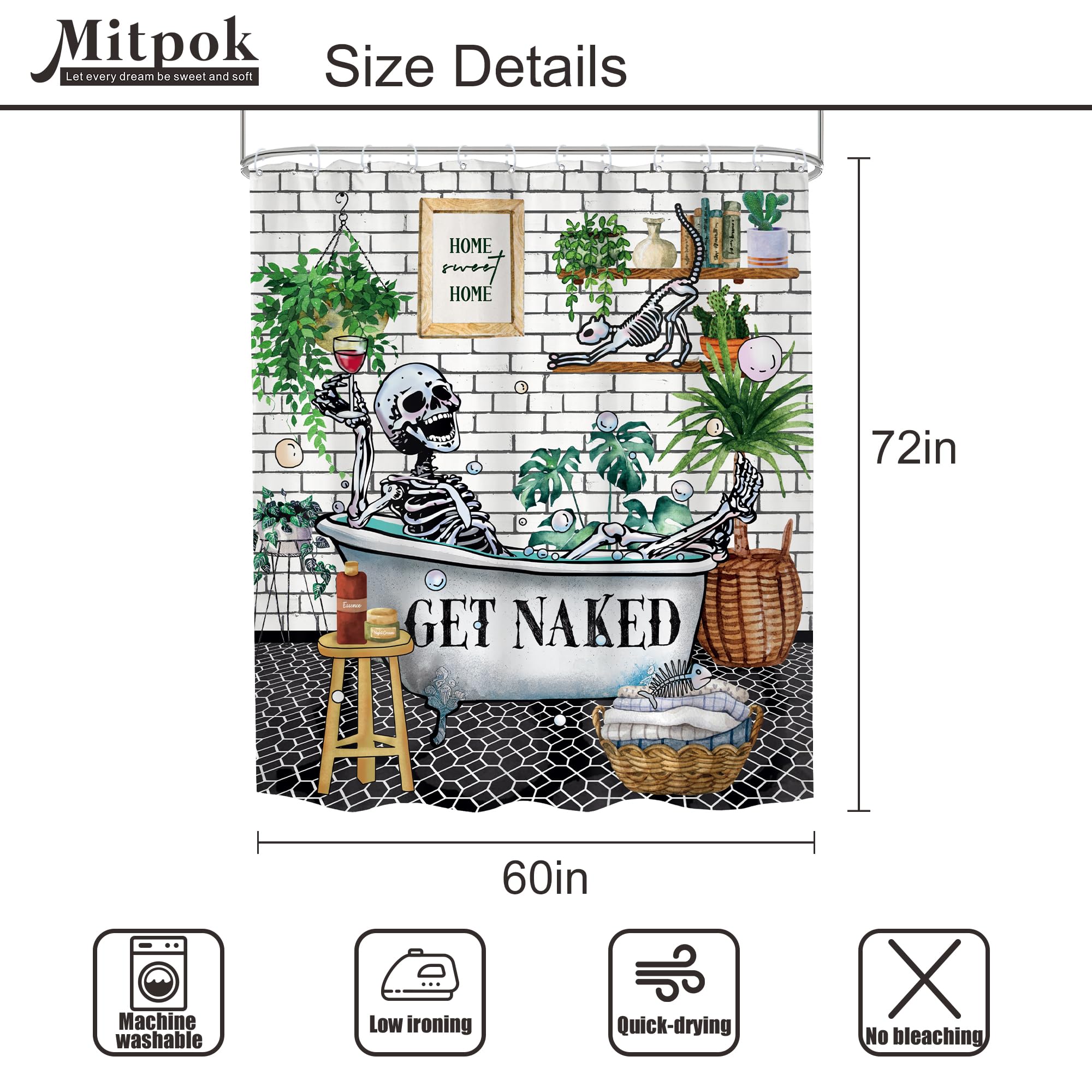 Mitpok Funny Skull Skeleton Shower Curtain 60Wx72H Gothic Rustic Tropical Plant Green Leaves Bone In Buthtub Bubble Cute Cat Bat