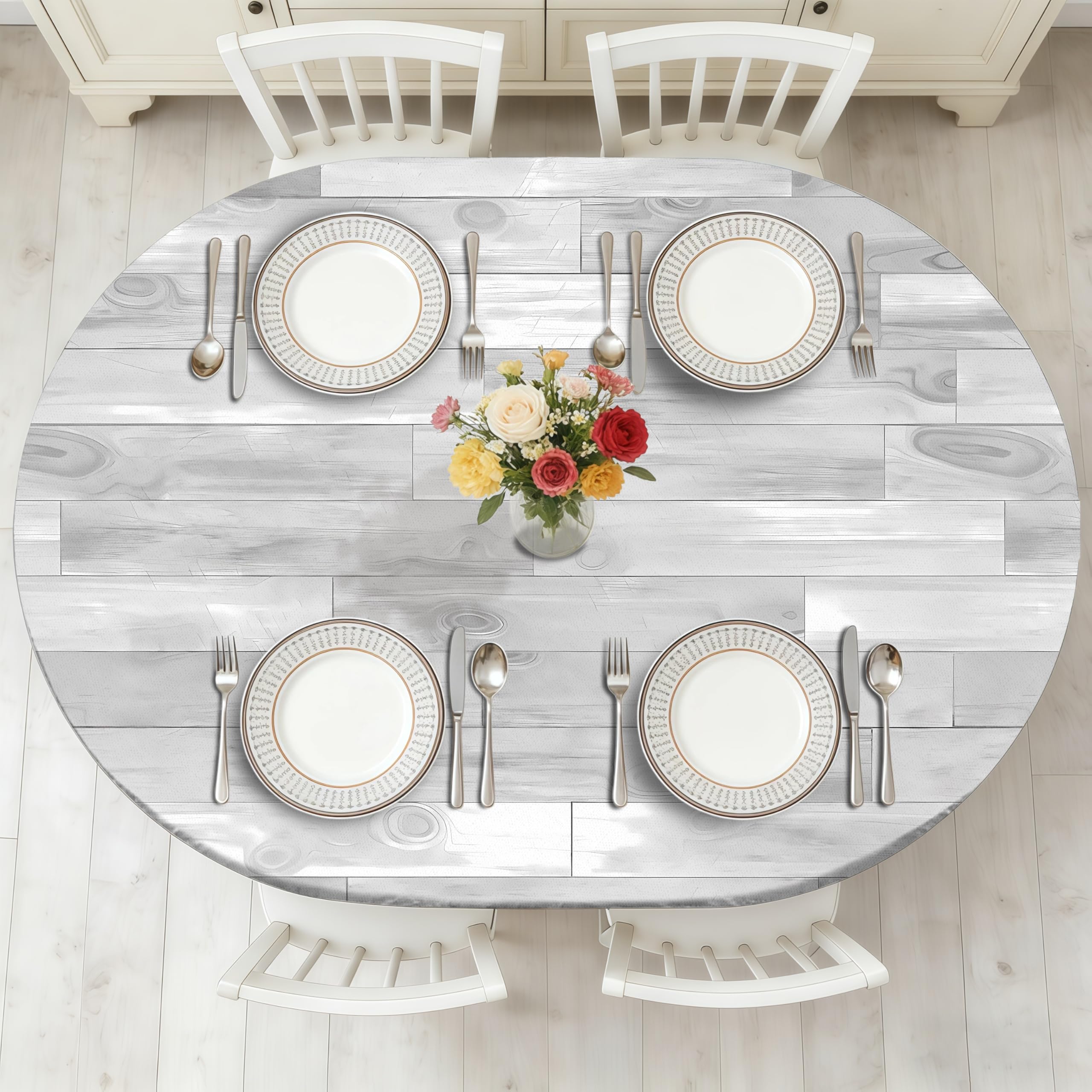 Wood Grain 48 x 68 Inch Oval Fitted Tablecloth with Elastic Edged, Waterproof Oil Proof Wipeable Oblong Table Cover for Indoor O