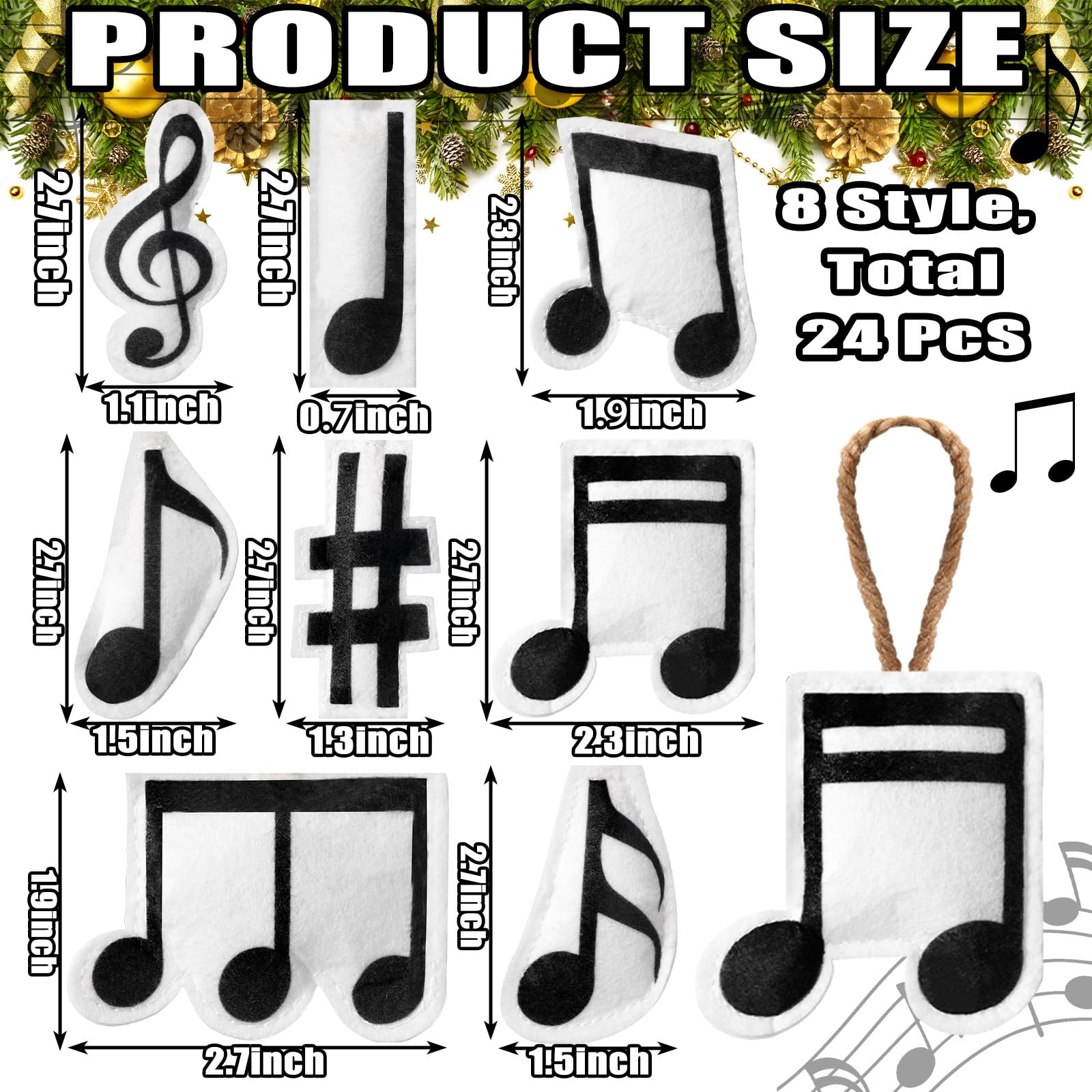 Hahafelt 24 Pcs Musical Note Christmas Ornament Musical 3D Felt Hanging Ornaments Treble Clef Forth Eighth Sixteenth Note Sign D
