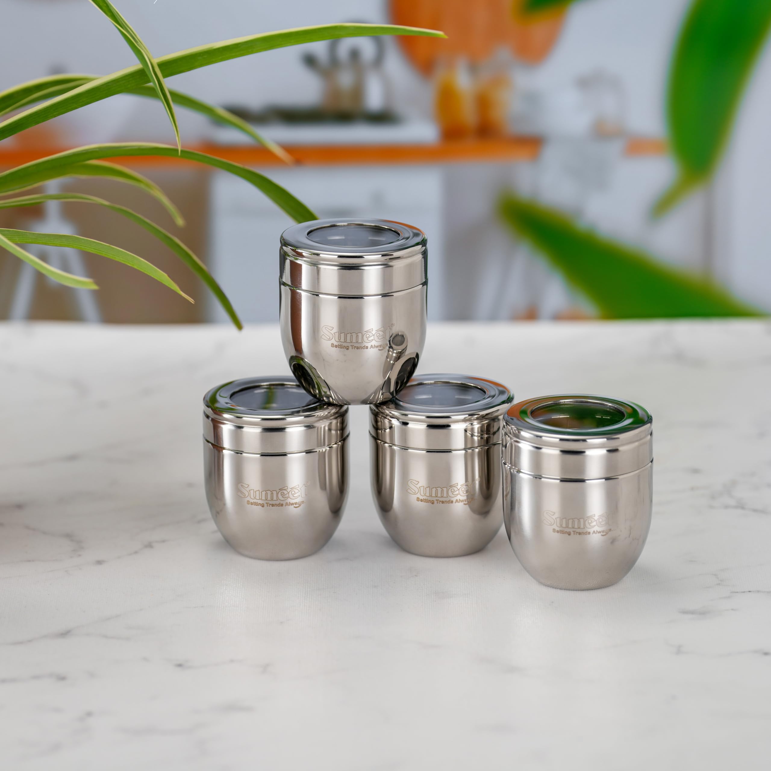 Sumeet Stainless Steel Conical Shape Canisters/Dabba/Storage Containers For Kitchen With See Through Lid, Set Of 4 Pcs, 150Ml Ea
