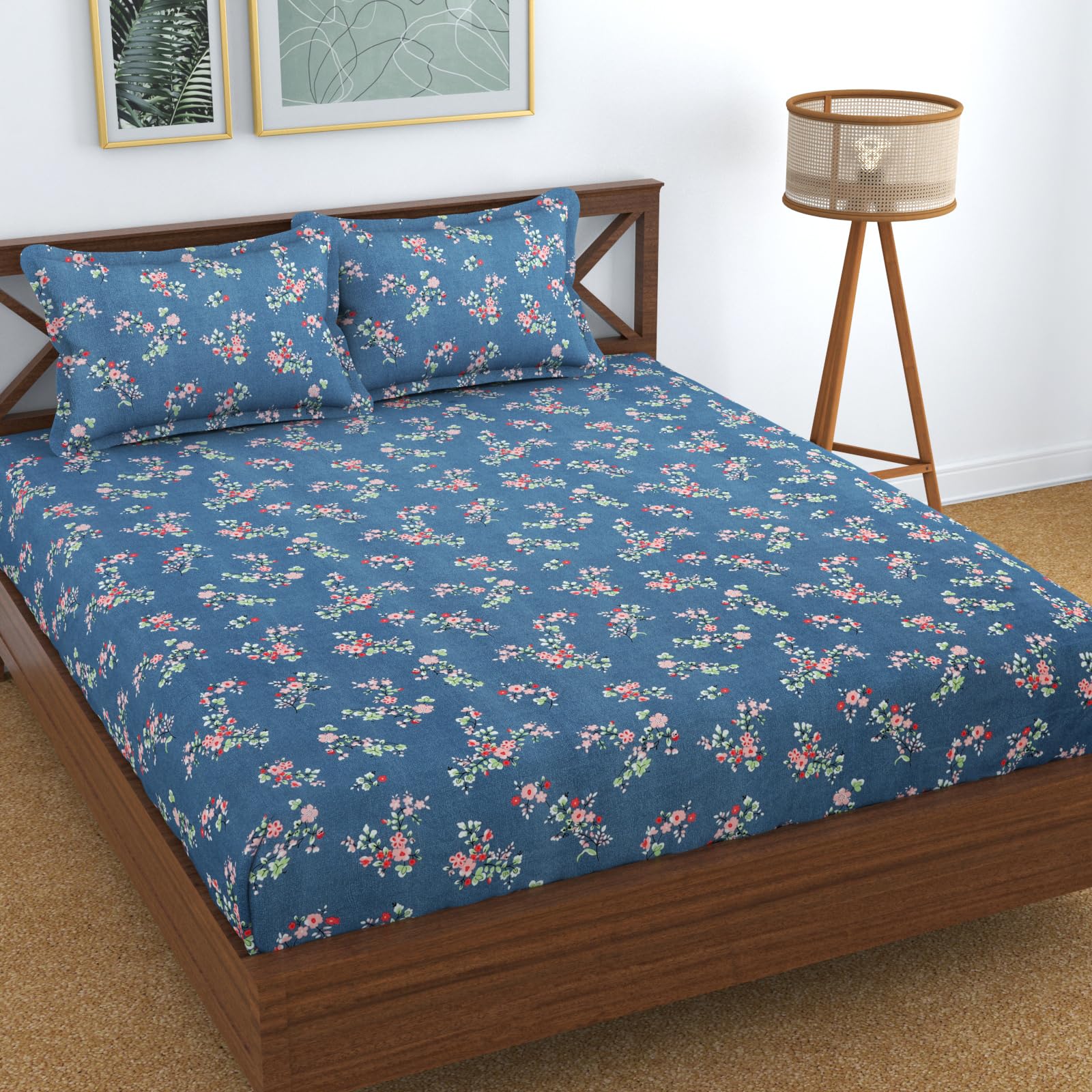 Kawi Elastic Fitted Bedsheet Cotton Blend Double Bed With 2 Pillow Cover (72 X 78)- Blue Color