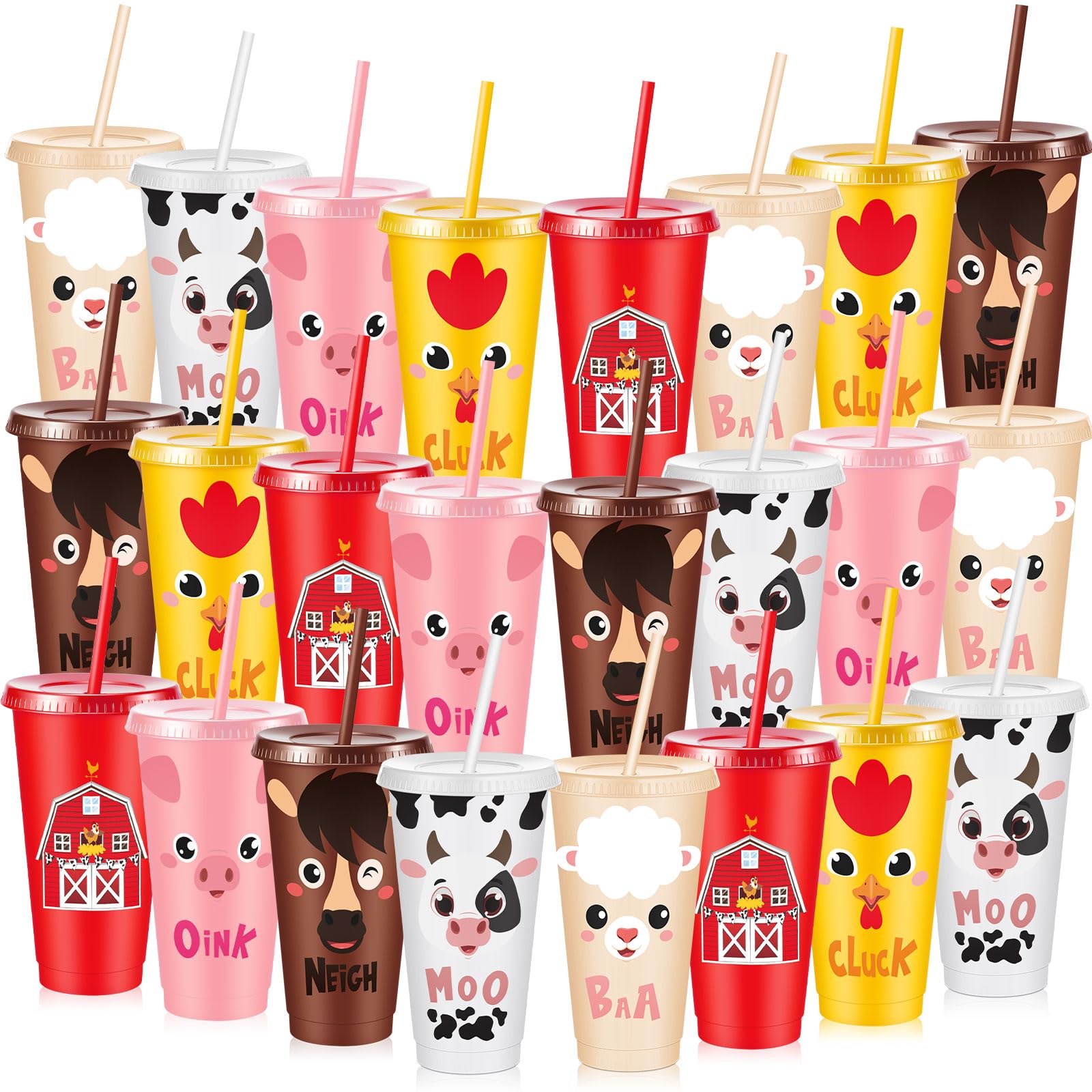 Chuangdi 24 Pcs Farm Animal Plastic Cups, Farm Animal Birthday Decorations