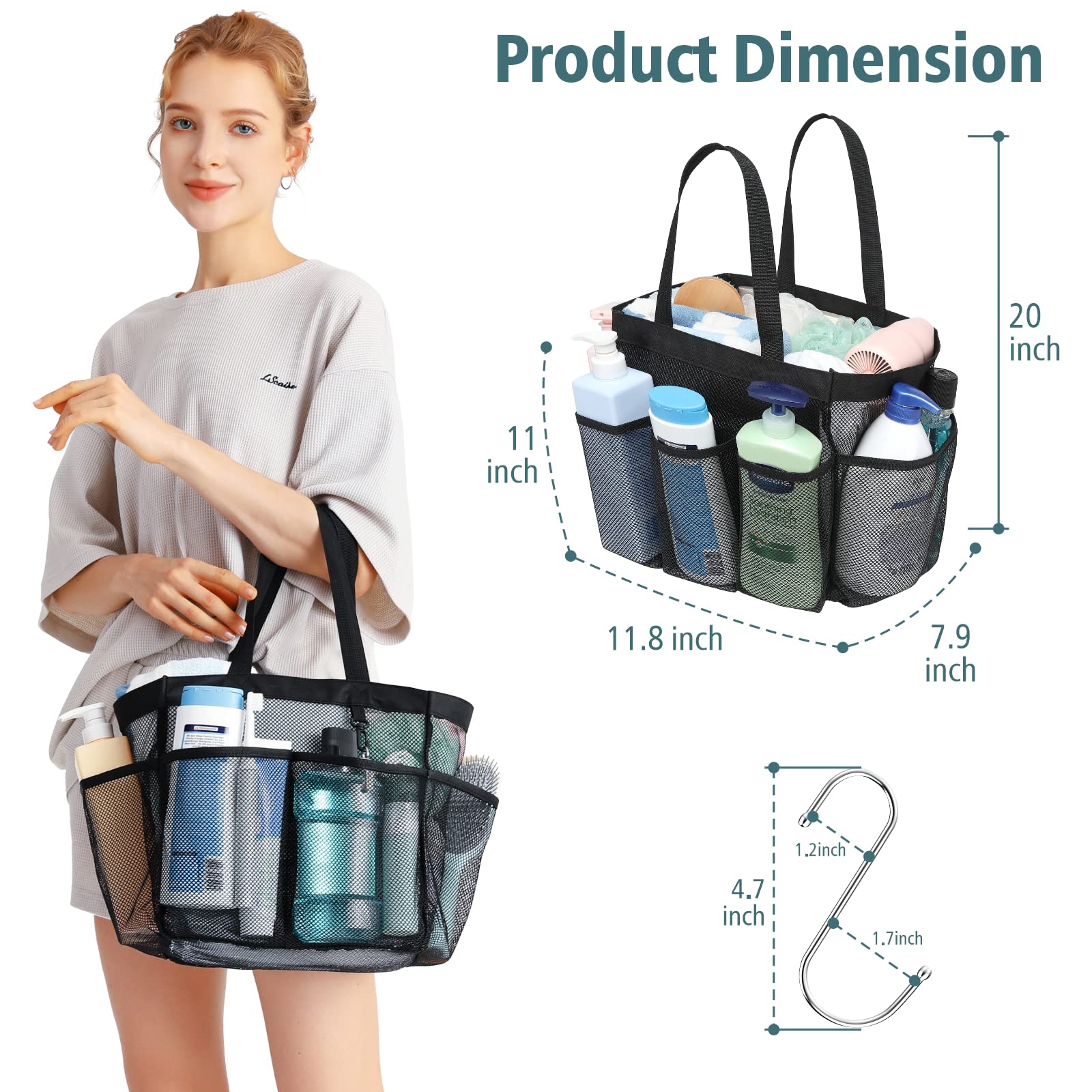 F-Color Mesh Shower Caddy Portable, 8.3'' Deeper Pockets Large Shower Caddy Bathroom Caddy For College Dorm Room Bathroom Essent