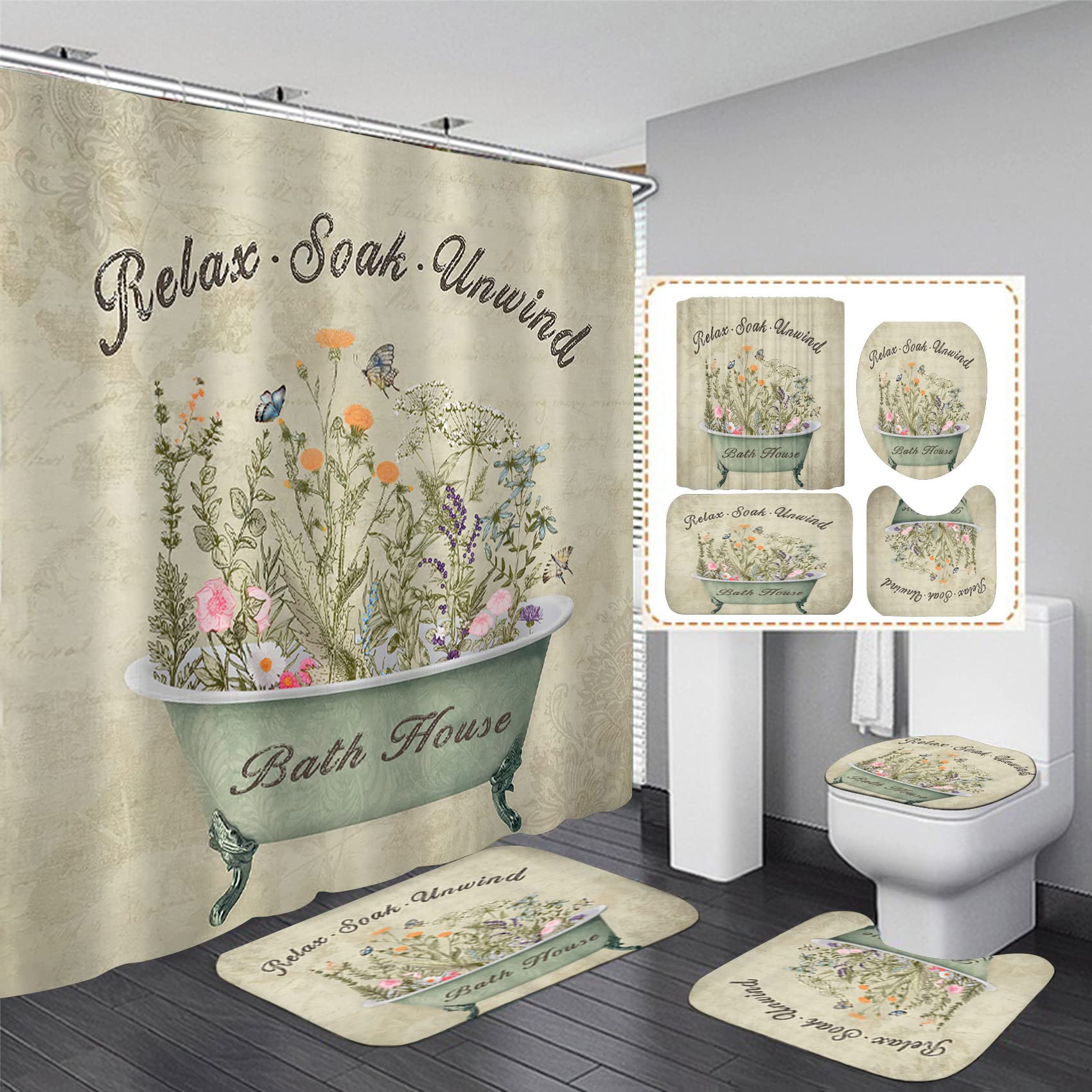 4 Pcs Farmhouse Shower Curtain Set Vintage Floral Rustic Flower Leaves Decor Country Bathtub Bathroom Rugs Mat Toliet Lid Cover