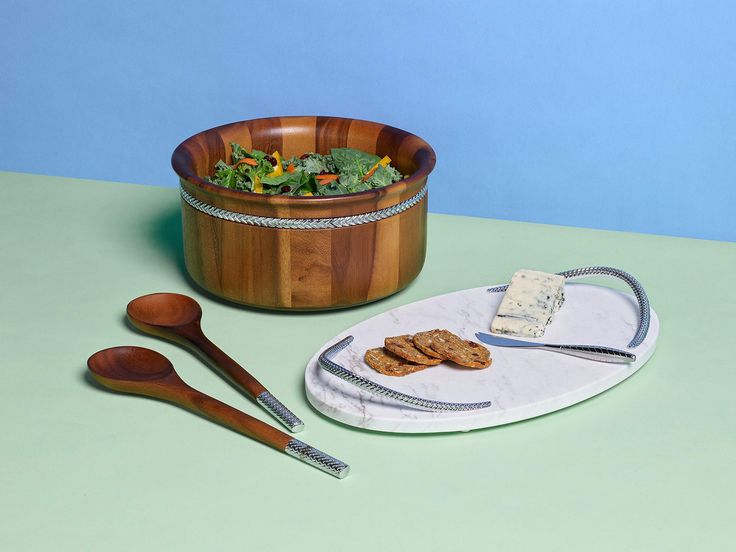 Nambe Braid Round Wooden Salad Bowl 3 Piece Set | 11-Inch Salad Bowl With Serving Utensils | Acacia Wood And Chrome Plate Salad