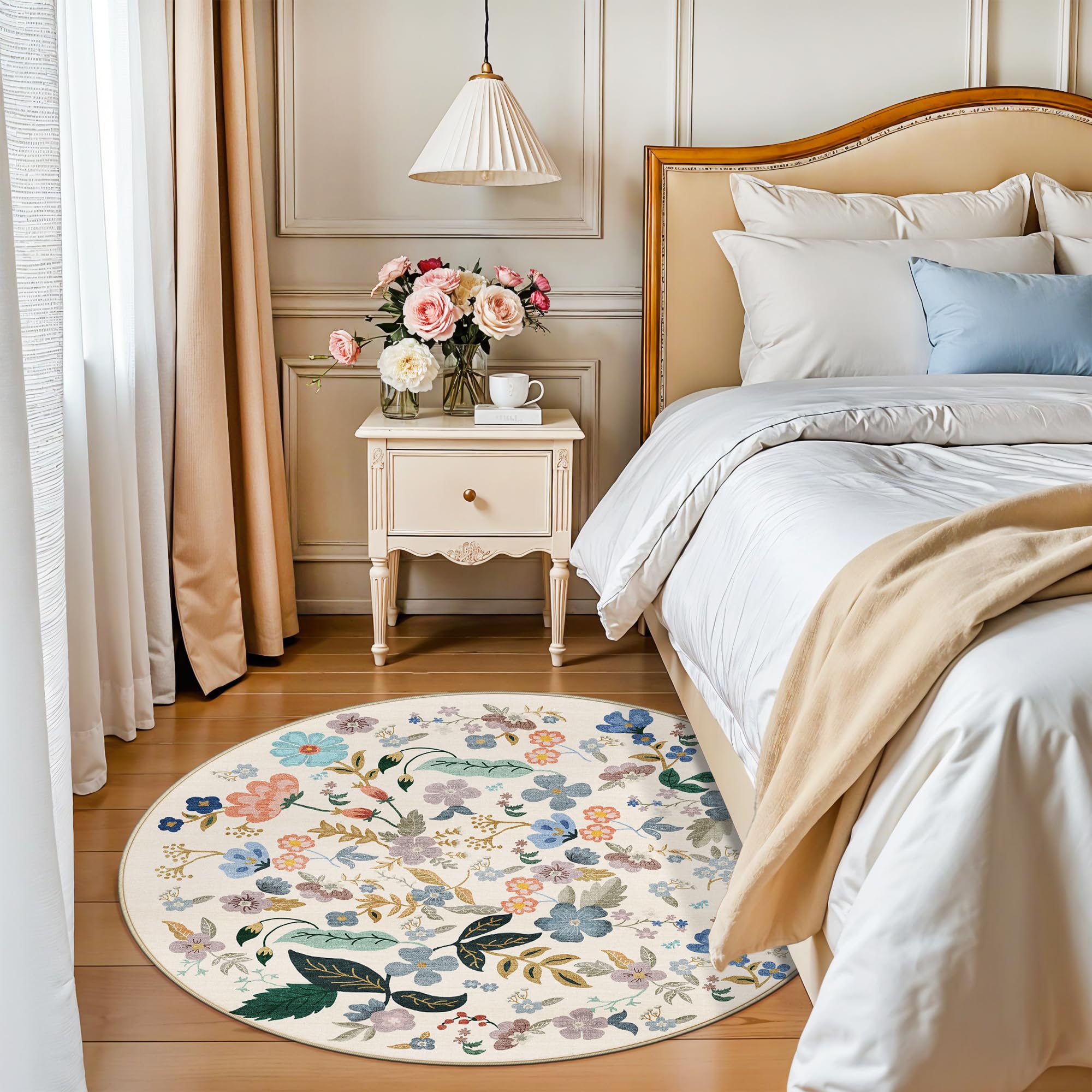 Washable Floral Round Rugs for Bedroom - 4x4 Feet Circle Area Rugs for Living Room Nursery Non-Slip Stain Resistant Ultra Soft C
