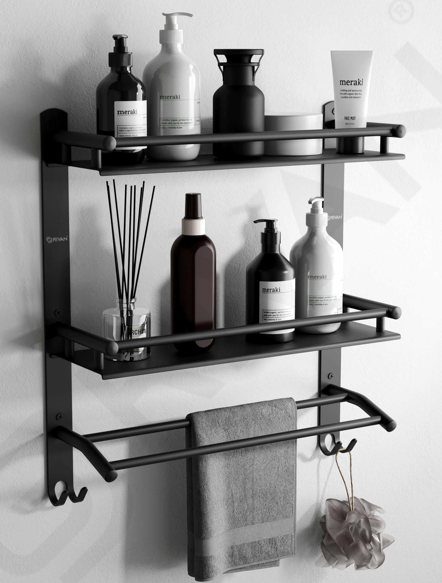 Grivan Stainless Steel Multipurpose Double Layer Bathroom Shelf With Towel Rod Racks Wall Mount Bath Shelf Organizer, Bathroom A