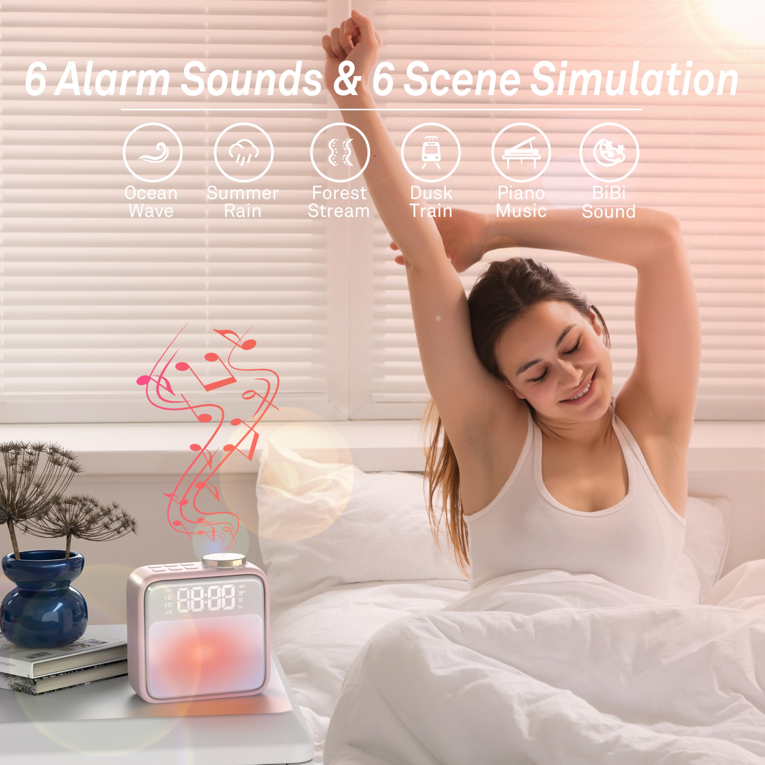 AIRIVO Alarm Clock Night Lights, Rechargeable Alarm Clock for Bedrooms, 6 Scenes & White Noise Sync, Dual Alarms & Snooze, for H