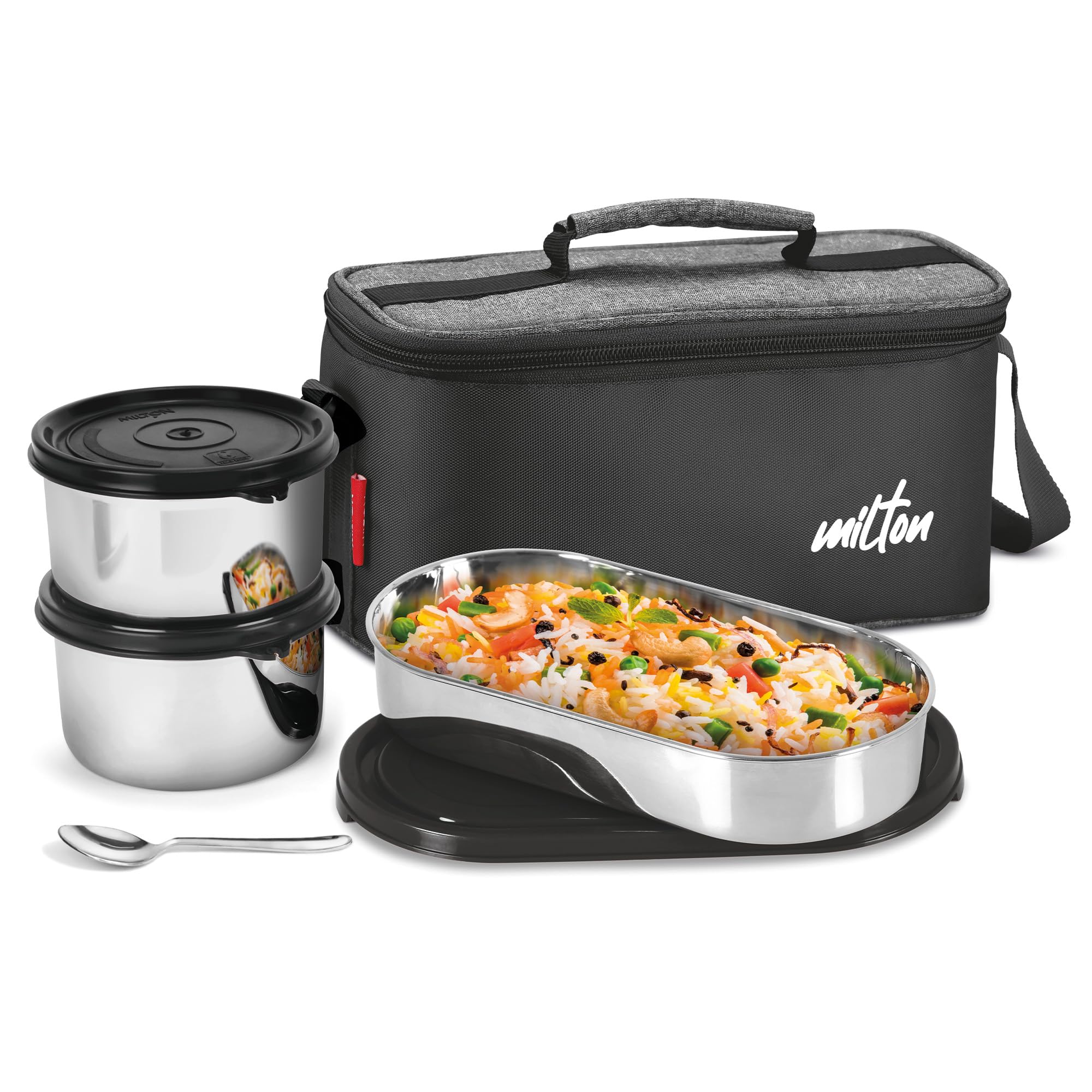 Milton Steel Smart Lunch Box (2 Round Inner Steel Containers 500Ml Each, 1 Oval Container 675Ml; Spoon) With Insulated Fabric Ba