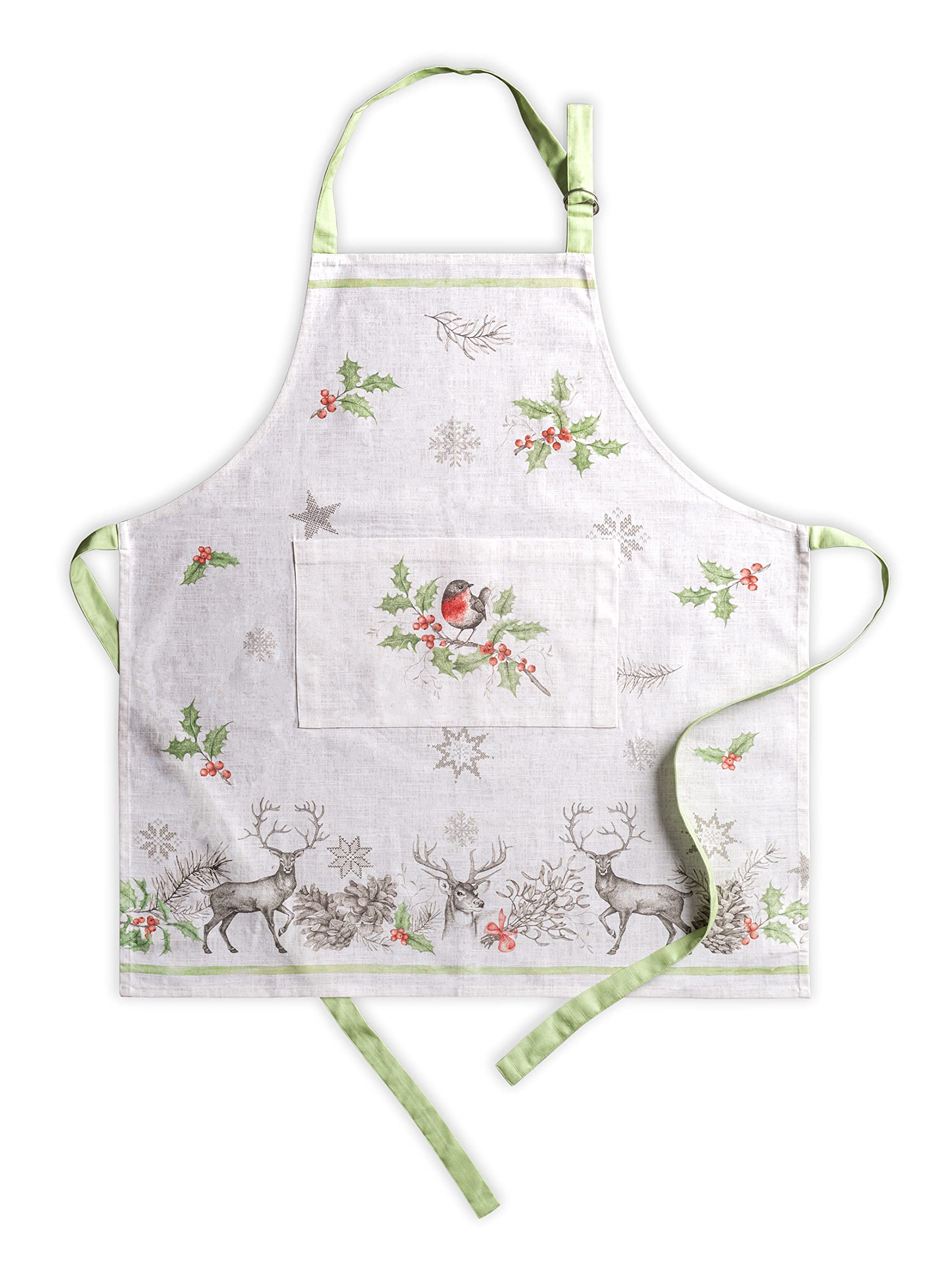 Maison D' Hermine Christmas Dew 100% Cotton 1 Piece Kitchen Apron With An Adjustable Neck & Visible Center Pocket With Long Ties