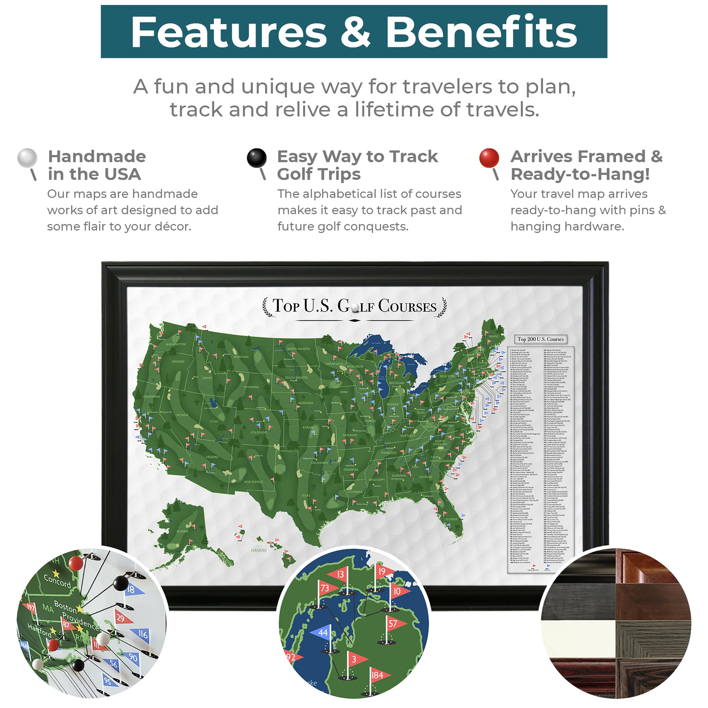 Personalized Top Golf Courses Usa Map - Rustic Brown Frame - 27.5 Inches X 39.5. Inches - Golf Course Map - Track Your Golfing A