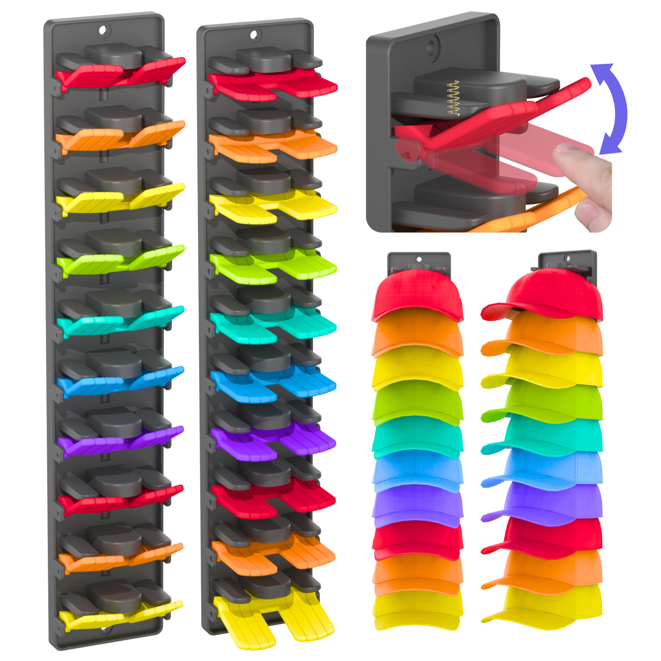 BRUBEQO Hat Organizer for Baseball Caps 2 Packs with Built-in Spring Clips - Wall Mount Closet Hat Rack Holder, Adjustable Stora