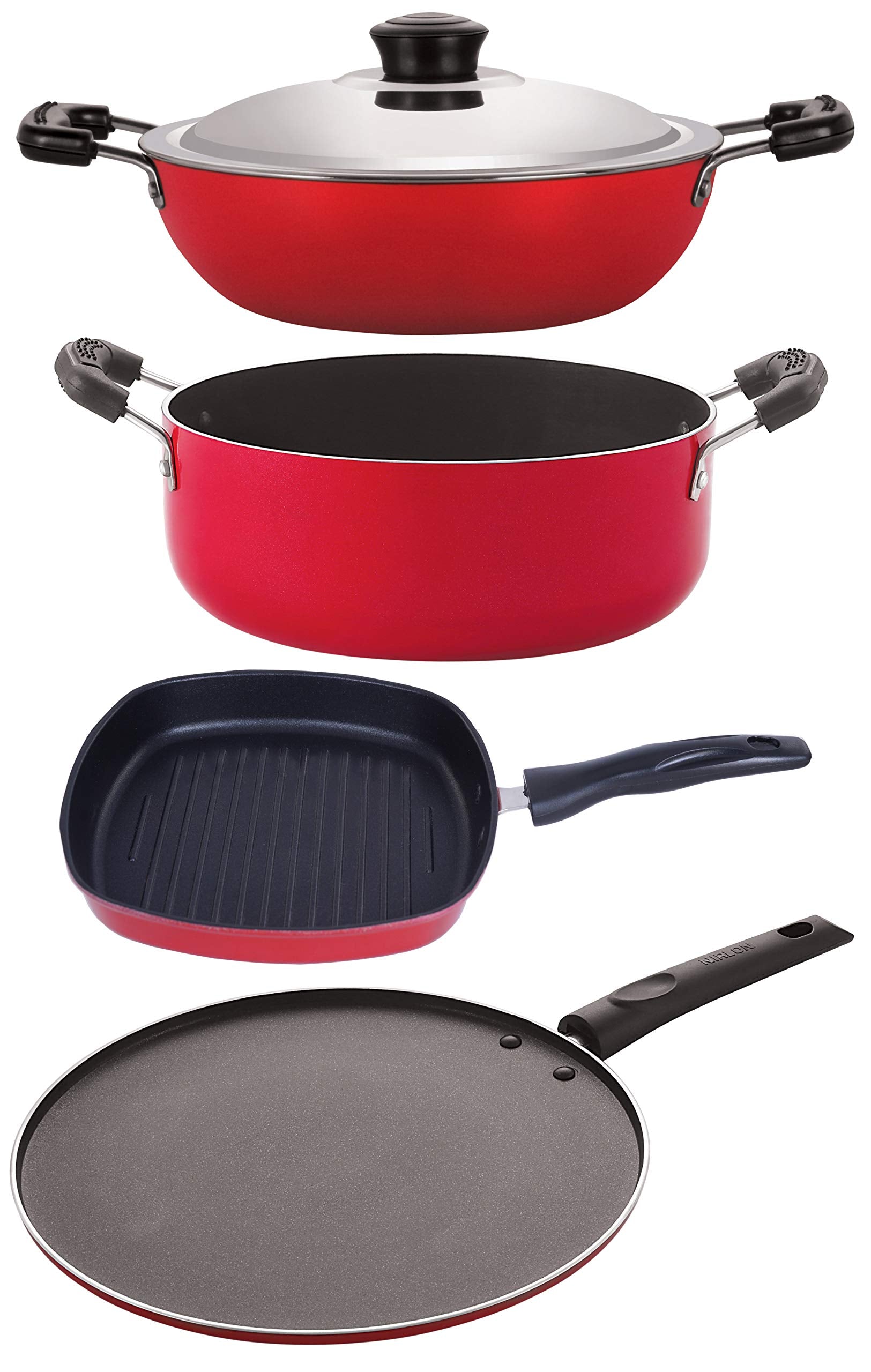 Nirlon Nonstick Aluminium Rust Free NonInduction Cookware Essential Combo Set Of 4Pcs (Dkd(B)_St12_Gp24.5_Cs24)