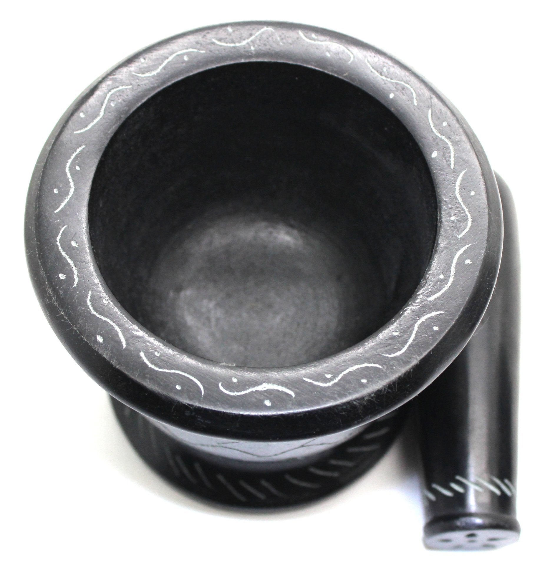 Govinda - Black Soap Stone Mortar And Pestle - Leaf - 4 Inch Dia X 3.5 Inch Tall