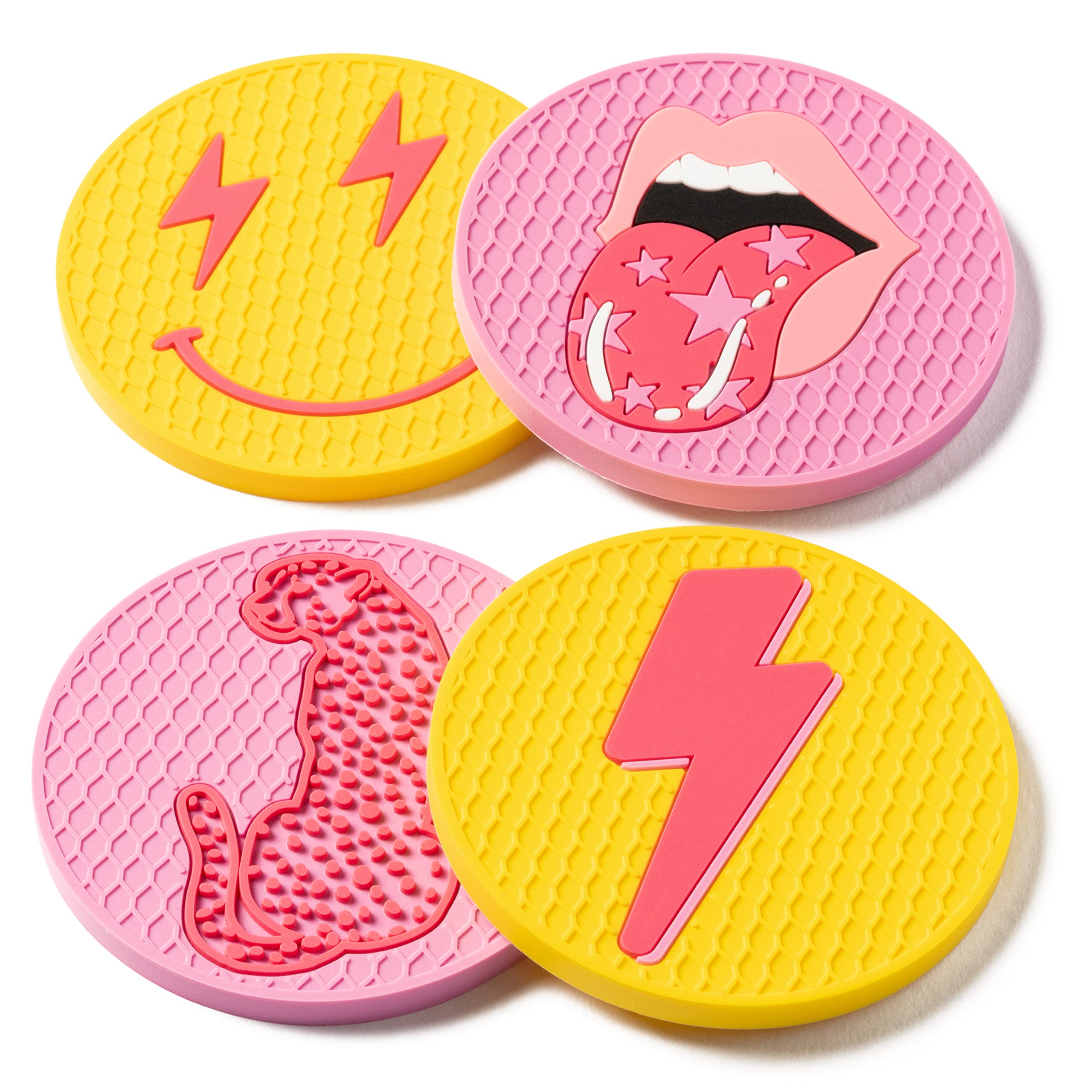Aellasnervalt 4Pcs Preppy Car Cup Coaster Smile Face Lightning Bolt Leopard Lip Silicone Drink Coasters Non-Slip Heat Resistant