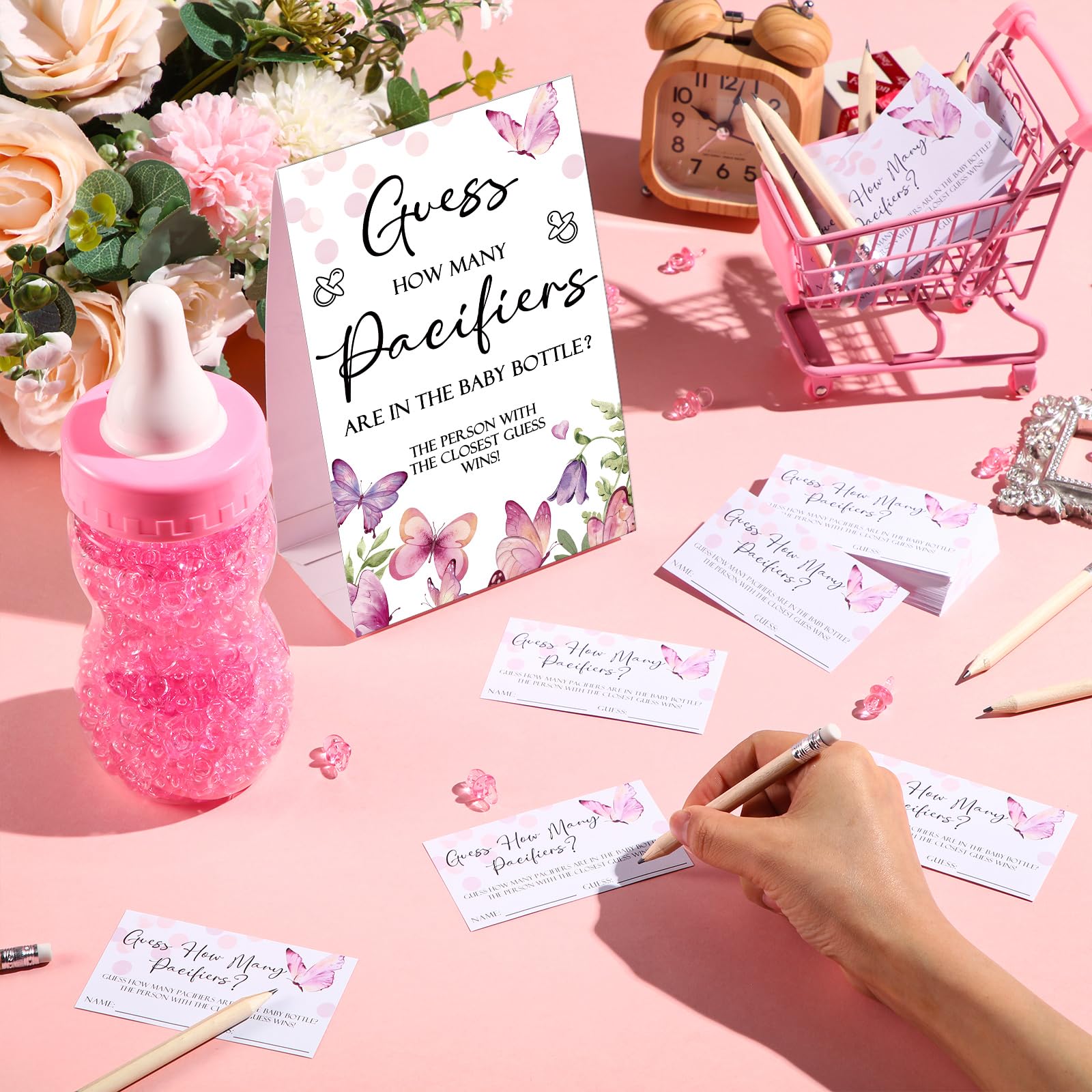 Roowest Baby Shower Games Guess How Many Pacifiers Greenery Game Sign 100 Small Guessing Games 10 Hb Pencils 750Ml Milk Bottle 4