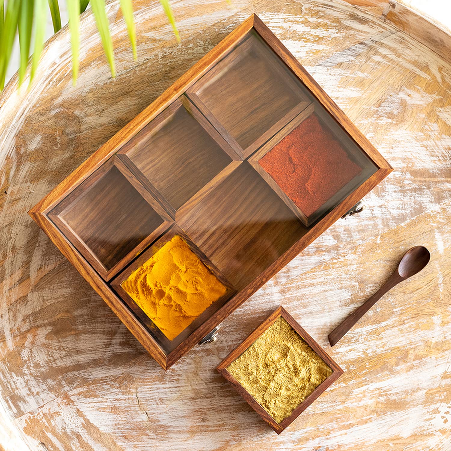 Exclusivelane Masalas Blends Sheesham Wooden Spice Box For Kitchen With Spoon (6 Large Detachable Containers, Each Container : 