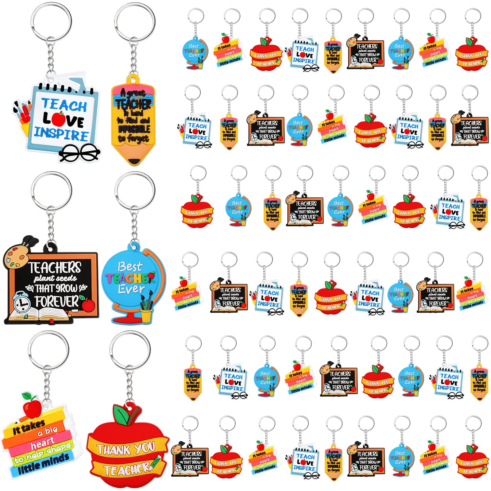 Henoyso 60 Pcs Teacher Keychains Bulk Teachers Appreciation Gifts in Bulk For Women Men Thank You Keyring Gifts (Books,Silicone)
