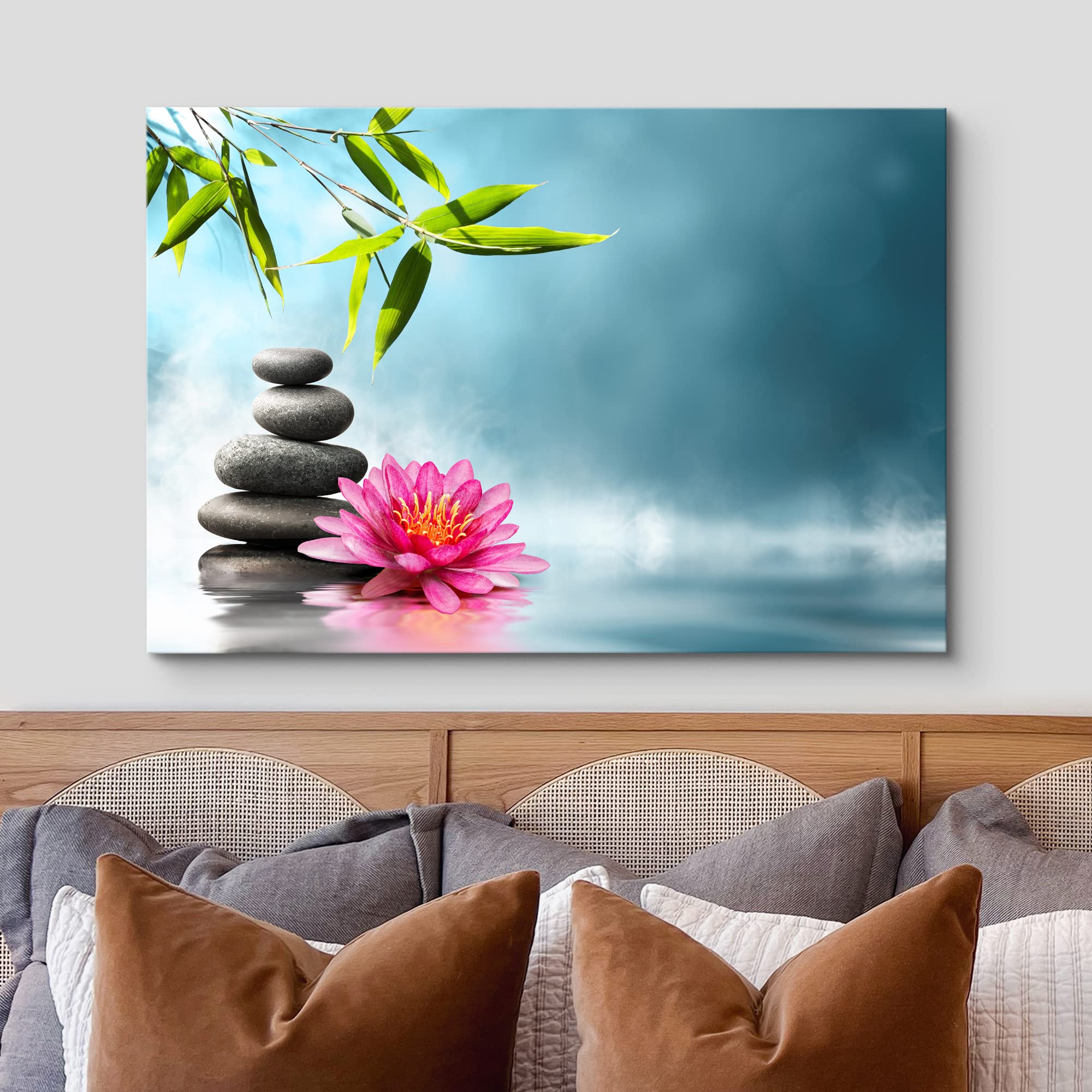 Wall26 Canvas Print Wall Art Vibrant Pink Water Lily Zen Meditation Massage Stones Leaf Nature Wilderness Photography Realism La