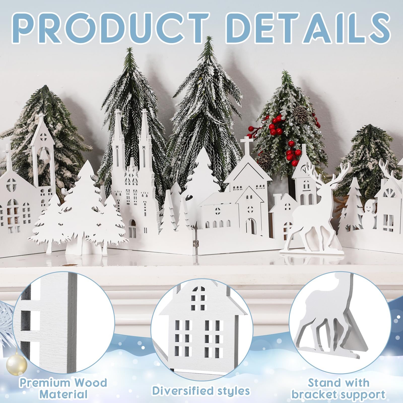 Colingmill 32 Inch Christmas Tabletop Decoration Wooden Christmas Themed White Church Xmas Tree and Elk Signs Farmhouse Centerpi