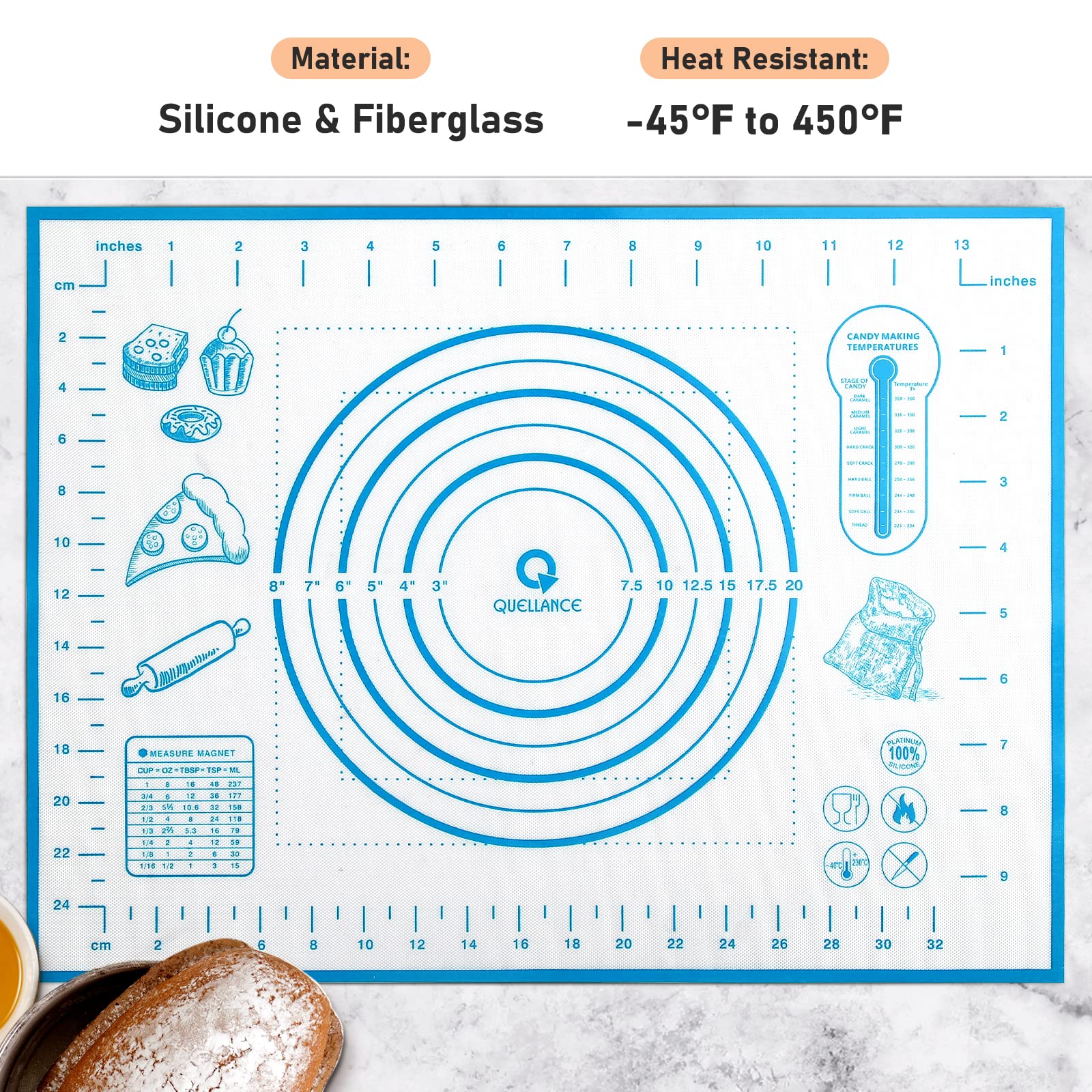Silicone Pastry Mat with Measurement  Kids Rolling Mat for Fondant  Rolling Dough  Pie Crust  Pizza and Cookies  Baking Mat 12'' x 16''  Blue