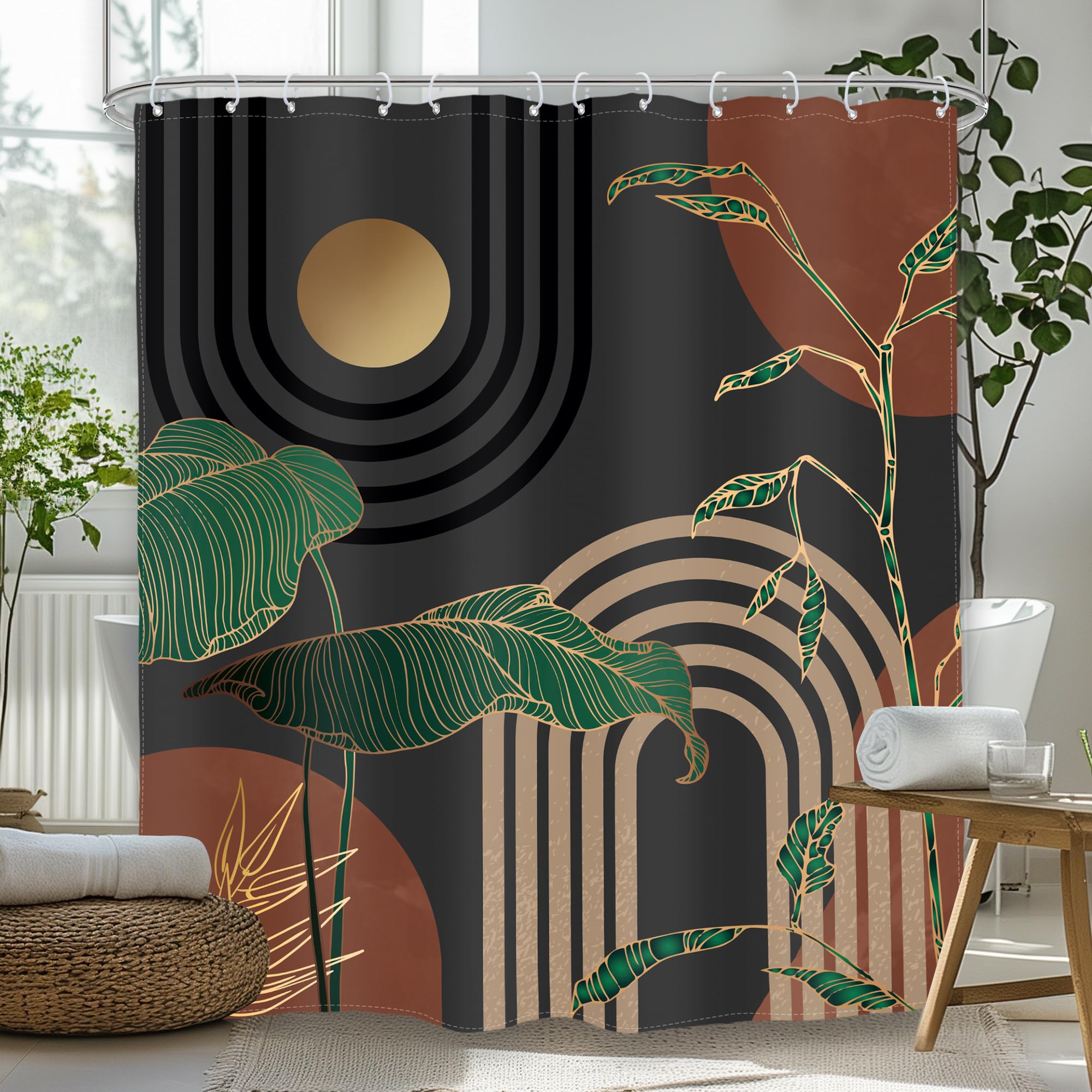 Glawry Brown Abstract Mid Century Shower Curtain Extra Long Boho Retro Tropical Palm Tree Sun Arch Modern Bathroom Simple Geomet